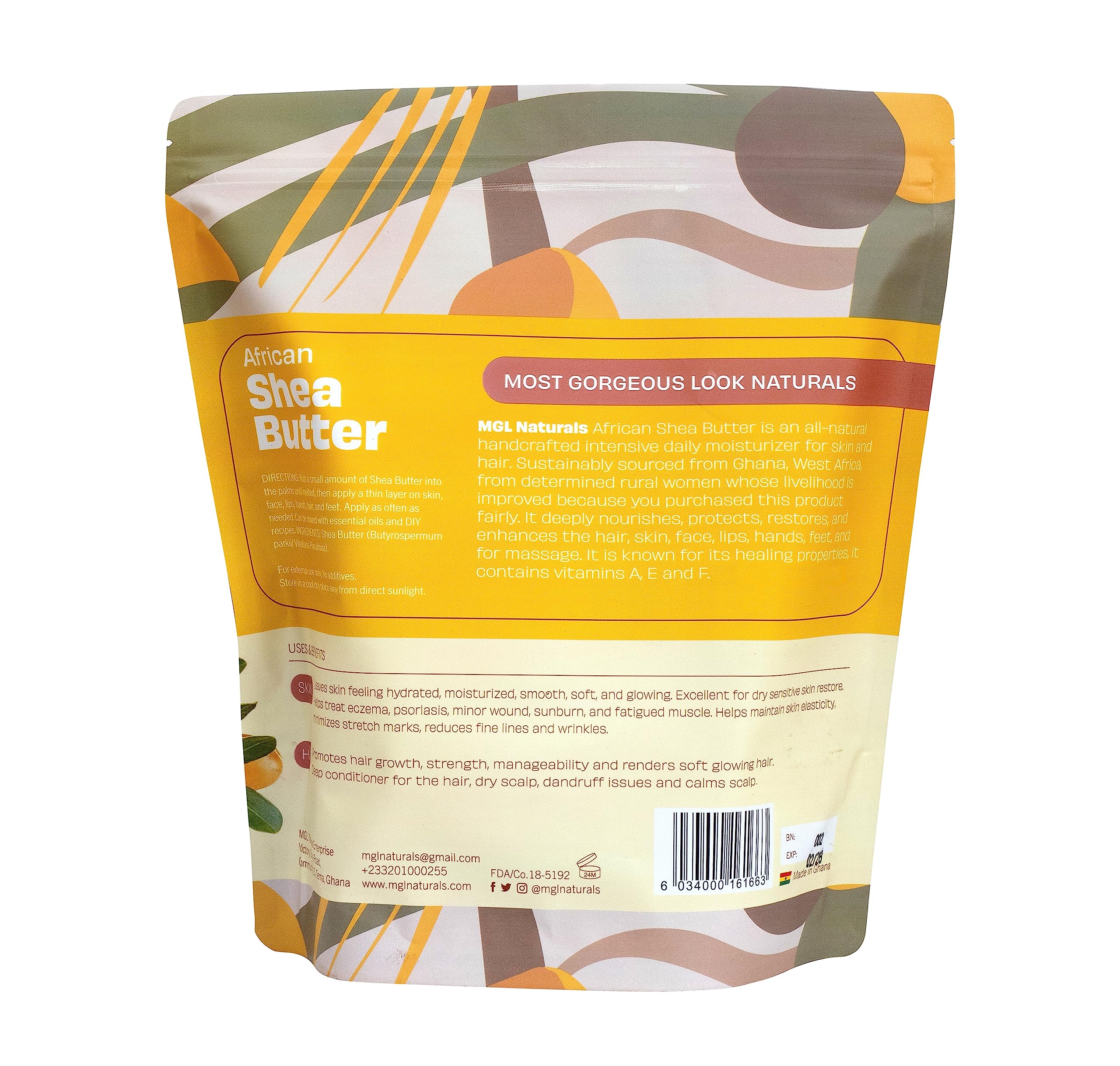 MGL Naturals, manteca de karité africana sin refinar, 100 % pura, cruda, vegana y orgánica. Nutritiva e hidratante. Úsalo solo o recetas de bricolaje. 1 kg