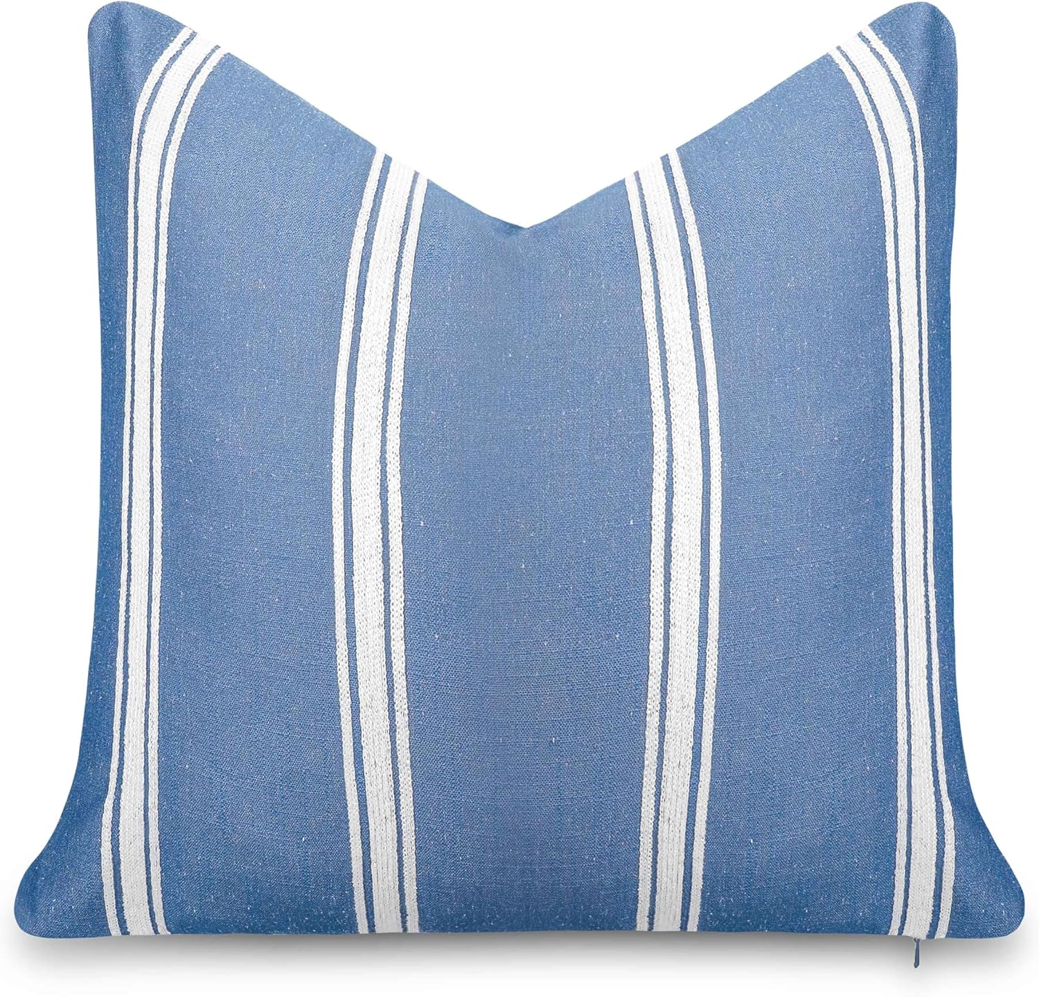 Crumbs Home California Casual Coastal Indoor Outdoor Throw Pillow Cover, 20"x20" Water Repellent for Patio, Backyard, Couch, Poolside, Azure Blue White Embroidered Stripes