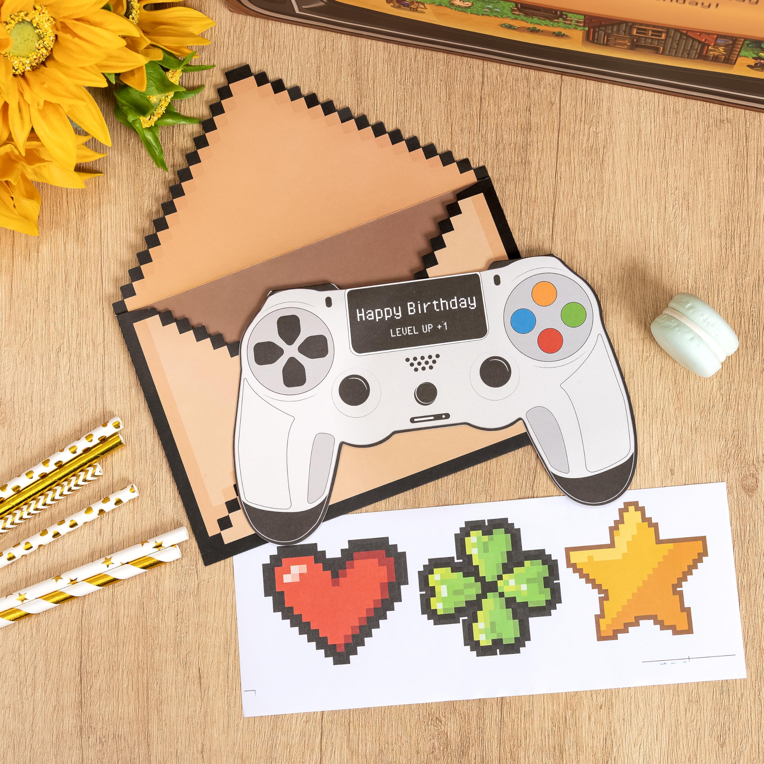Crisky Gamer Birthday Gift Bag Set – Pixel Art Design with Greeting Card, Tissue Paper & Stickers | for Boys, Men, Video Game Party Favors & Decorations, 13 inch