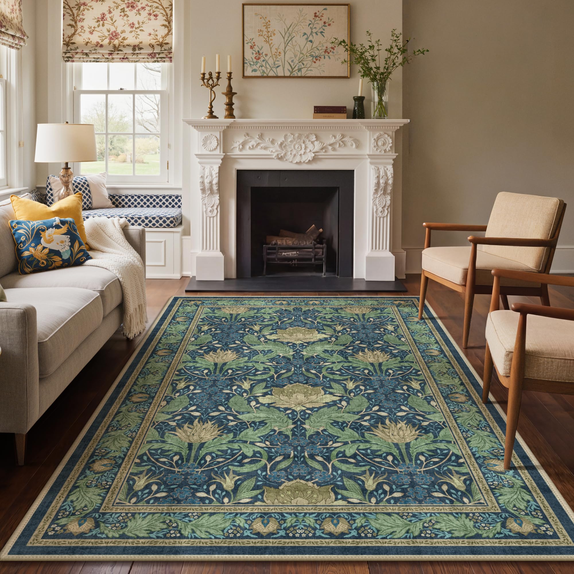 Bavni 6x9 Area Rugs, Floral Machine Washable Rugs for Living Room, Dinning Room, Bedroom, Non Slip Aesthetic Vintage Low Pile Durable Lightweight Farmhouse Rug, Tea Green/Blue