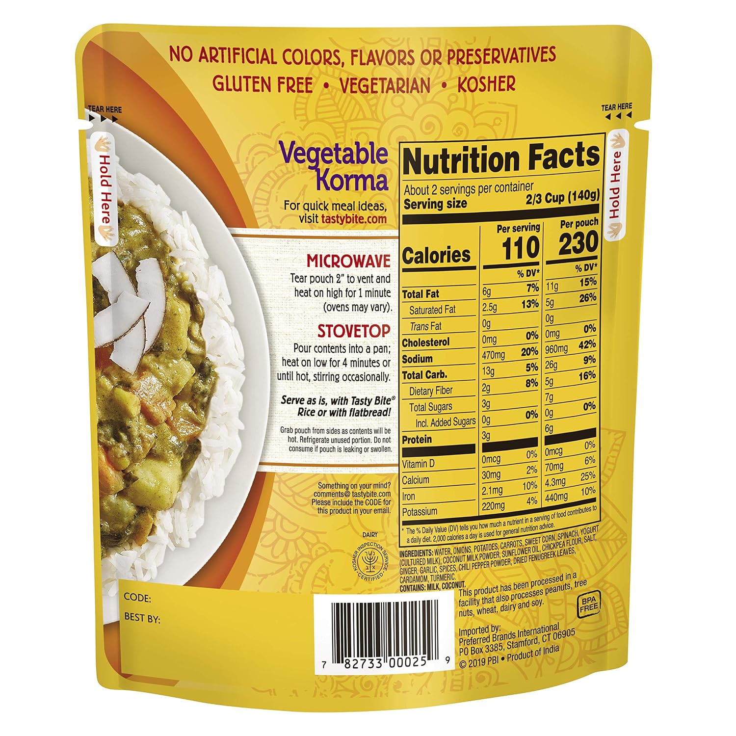 Tasty Bite Vegetable Korma, 10 Ounce, Ready to Eat, Microwavable Entrée with Sweet & Savory Coconut Sauce