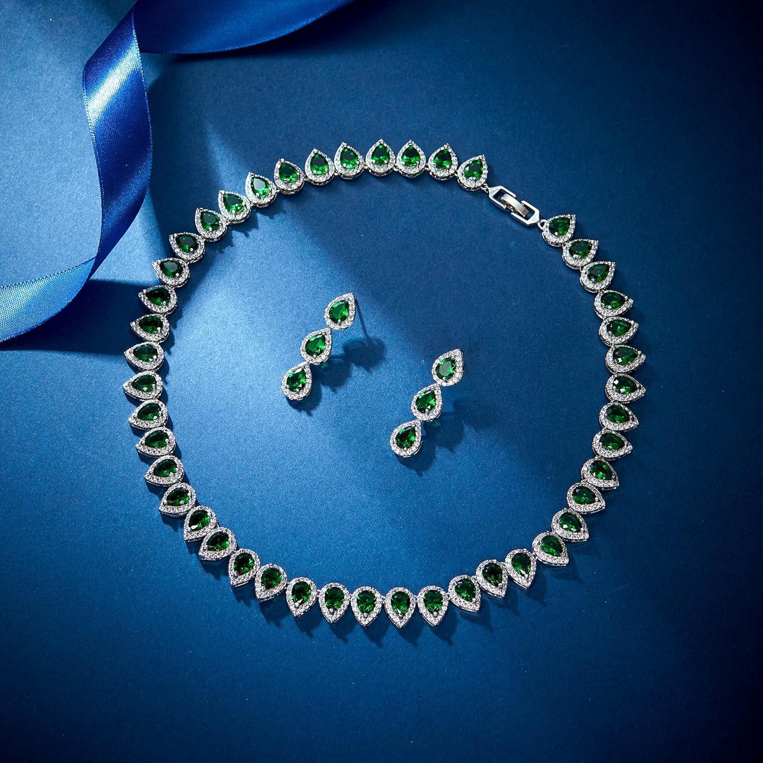 EleQueen Women's Silver-Tone Full Prong Cubic Zirconia Teardrop Bridal Necklace Earrings Set - Image 6