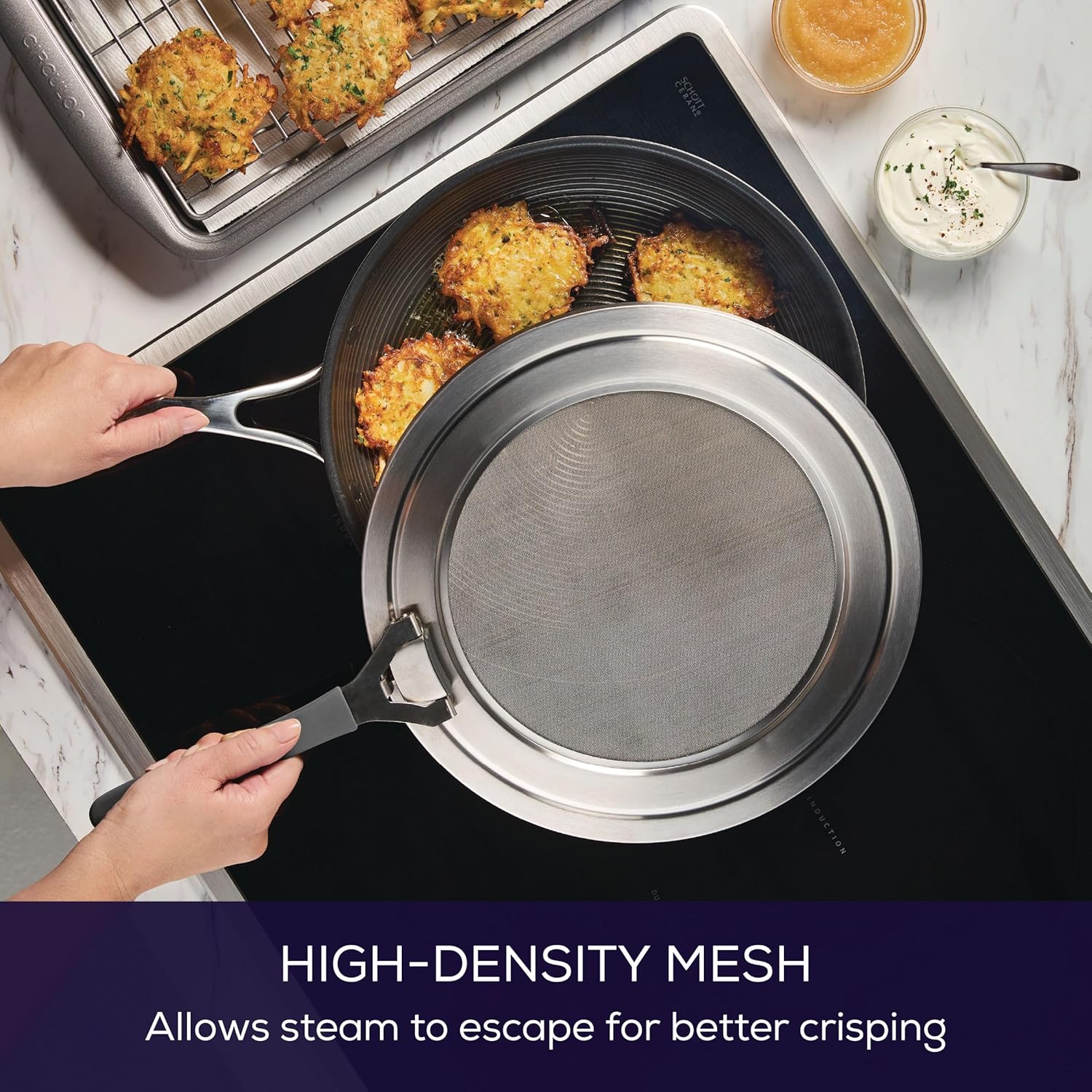 Circulon Tools and Gadgets Universal Splatter Guard Mesh Grease Cover for Pots and Pans Protects Stove, Countertop, and Kitchen from Oil when Frying, 13 Inch Splatter Guard - Stainless Steel