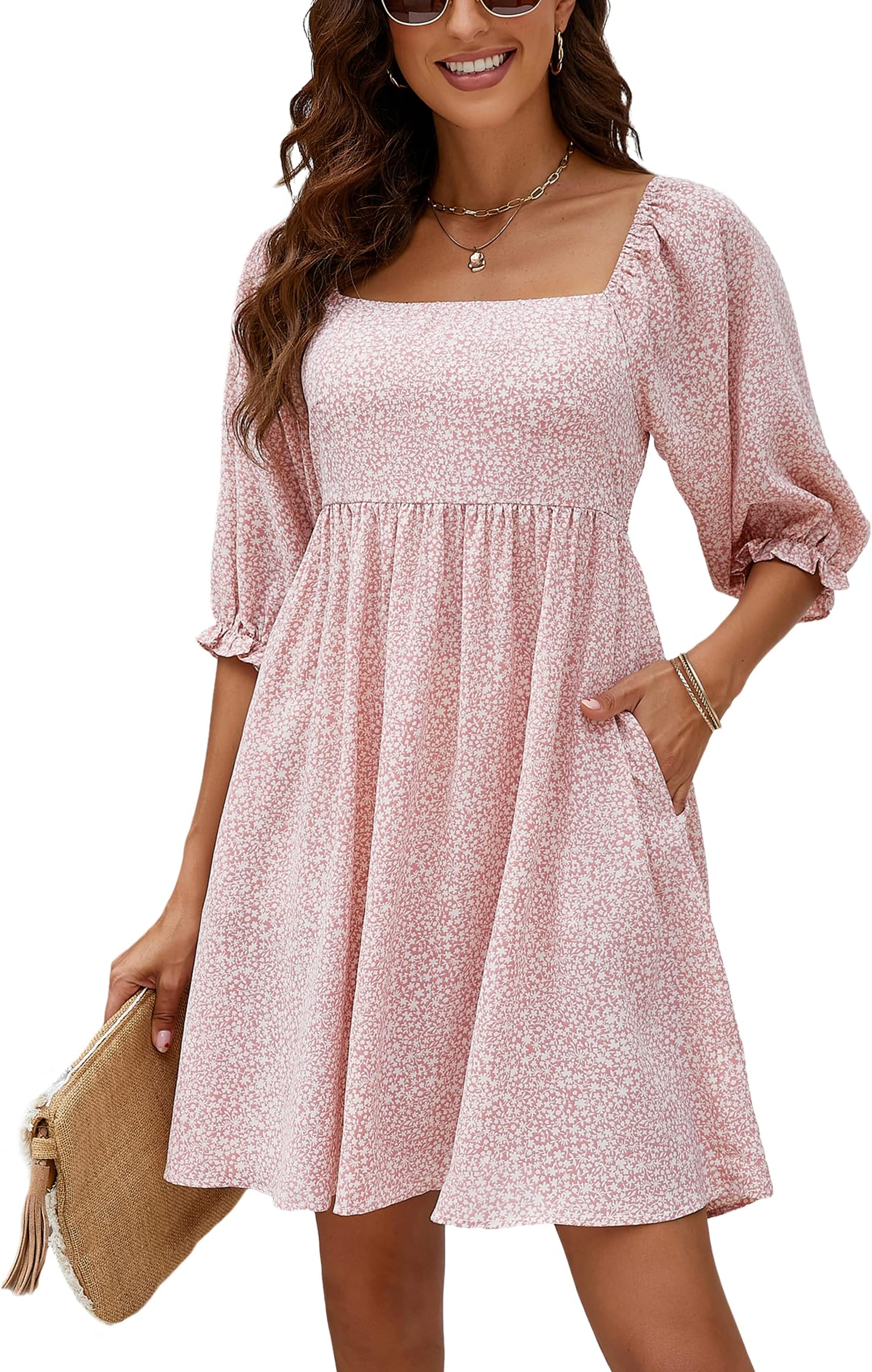 Blooming JellyWomens Floral Babydoll Dress Square Neck 3/4 Puff Sleeve Dress Boho Mini Summer Ladies Dresses with Pockets
