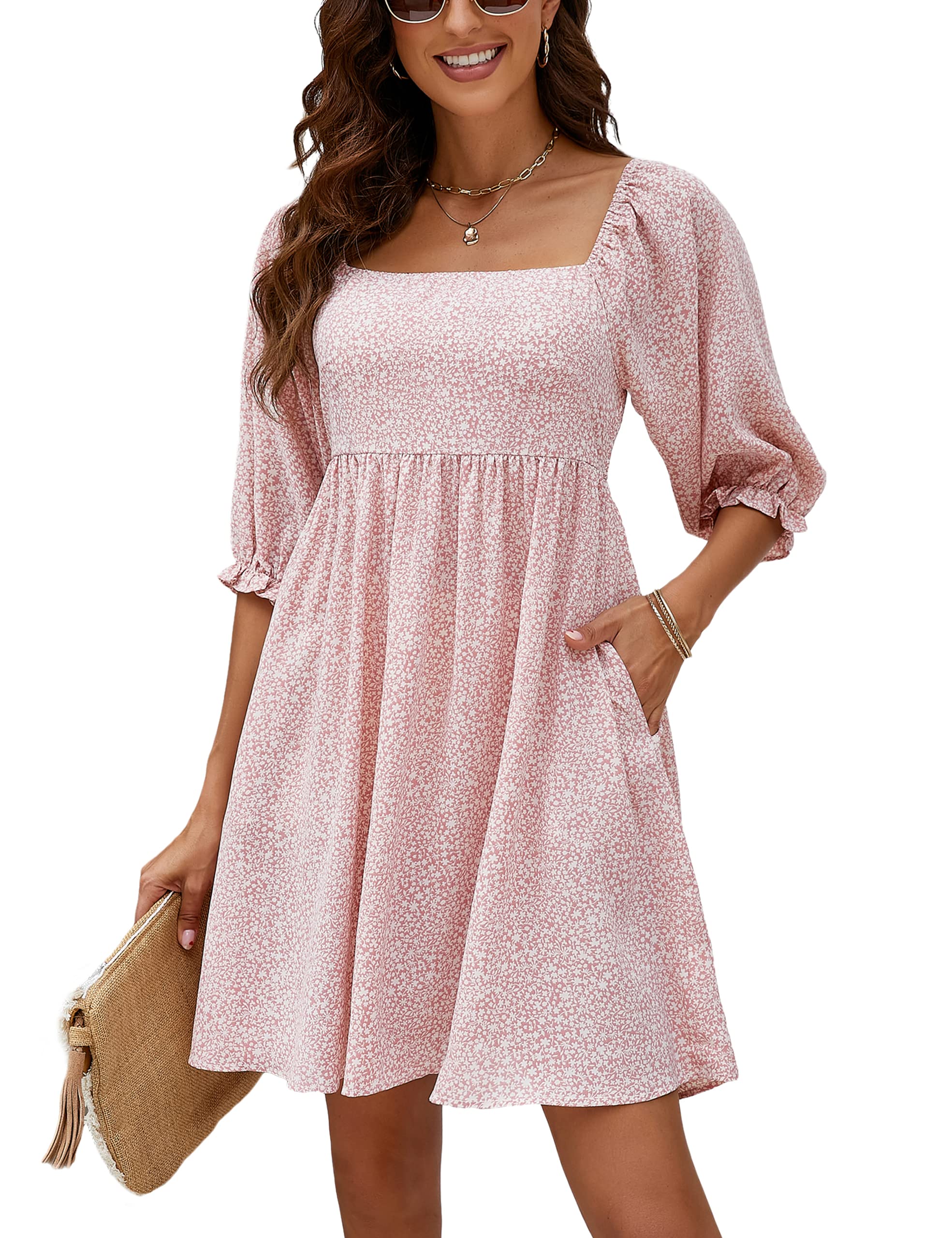 Blooming JellyWomens Floral Babydoll Dress Square Neck 3/4 Puff Sleeve Dress Boho Mini Summer Ladies Dresses with Pockets