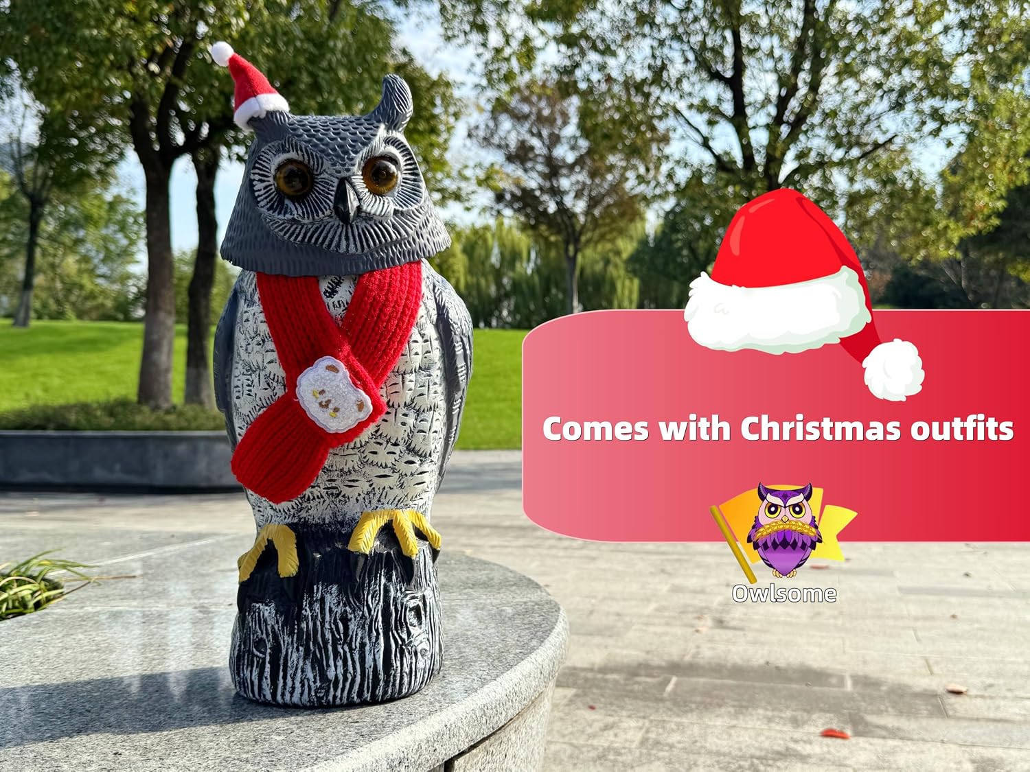 Owlsome Solar Owl with, Glowing Eyes, Rotating Head, Hoot Sound, Motion Detector and Silent Mode, Plastic Owl with Christmas OutfitsGarden Sculpture, Garden Decoration