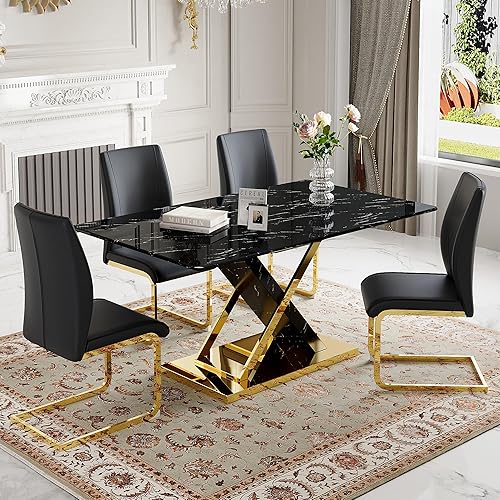 Miniatura 15 de Juego de mesa de comedor de mármol para mesa rectangular blanca de 6.63 pulgadas con marco de metal plateado en forma de X y 6 sillas de comedor de