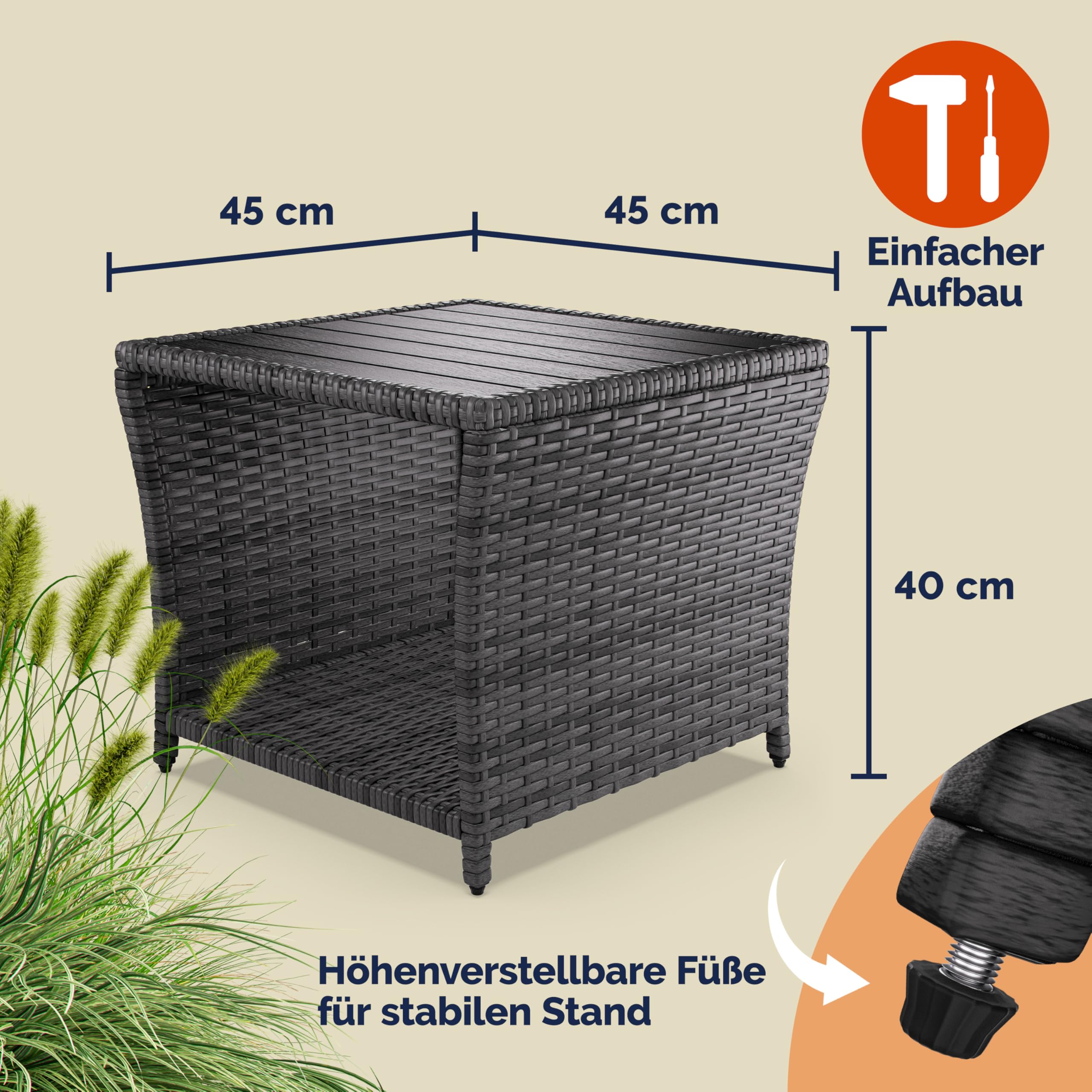Casaria® Polyrattan Beistelltisch mit WPC Tischplatte Grau | 45x45x40cm, 80kg Belastbarkeit, Wetterfest, Tisch, Ablagetisch, Balkon, Terrasse, Garten, Outdoor, Gartenmöbel, Coffee table