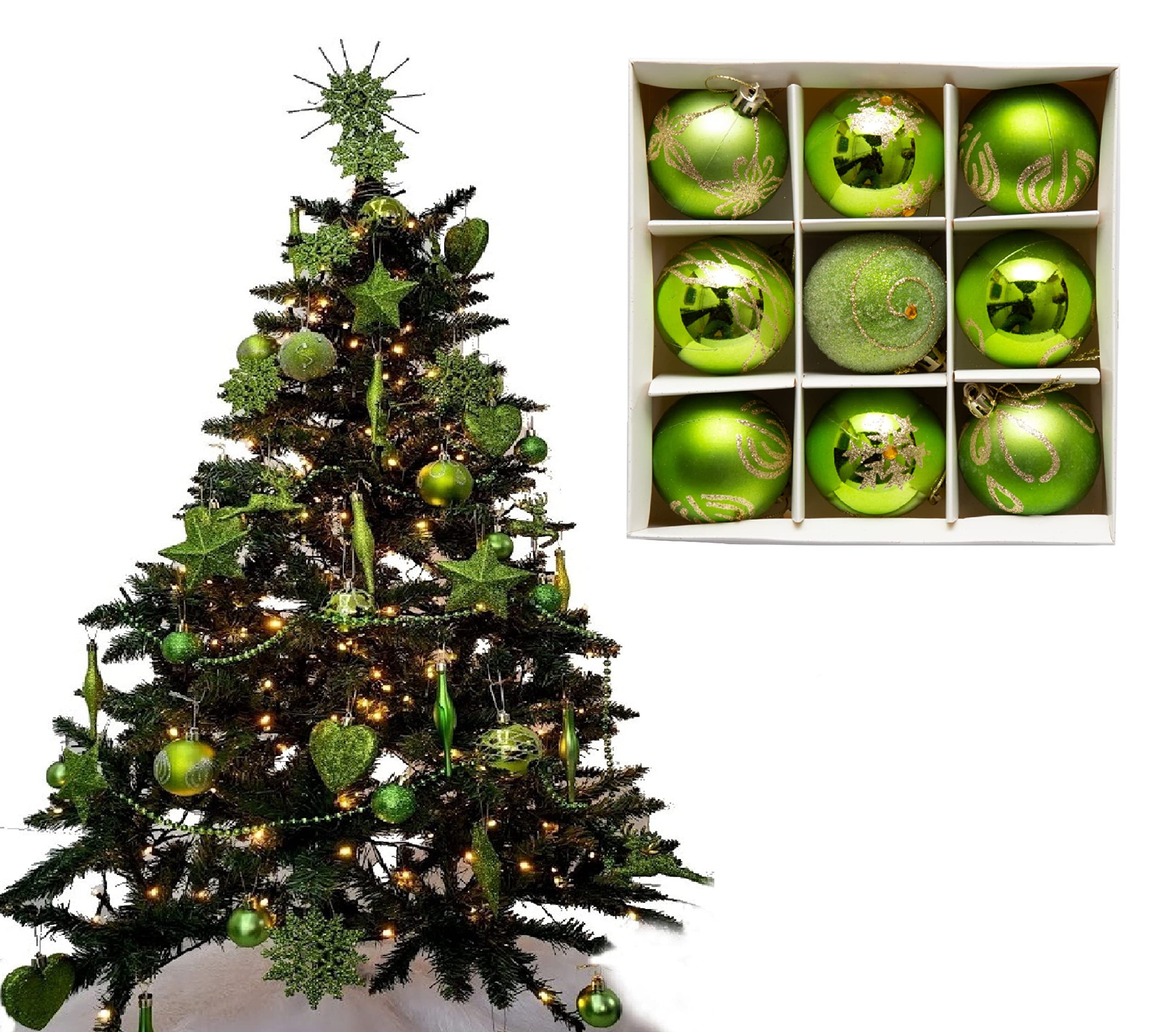 9pc Luxury Premium Baubles, Christmas Tree Bauble Decorations Matte, Glitter, shiny & Frosted (6cm) (Lime)