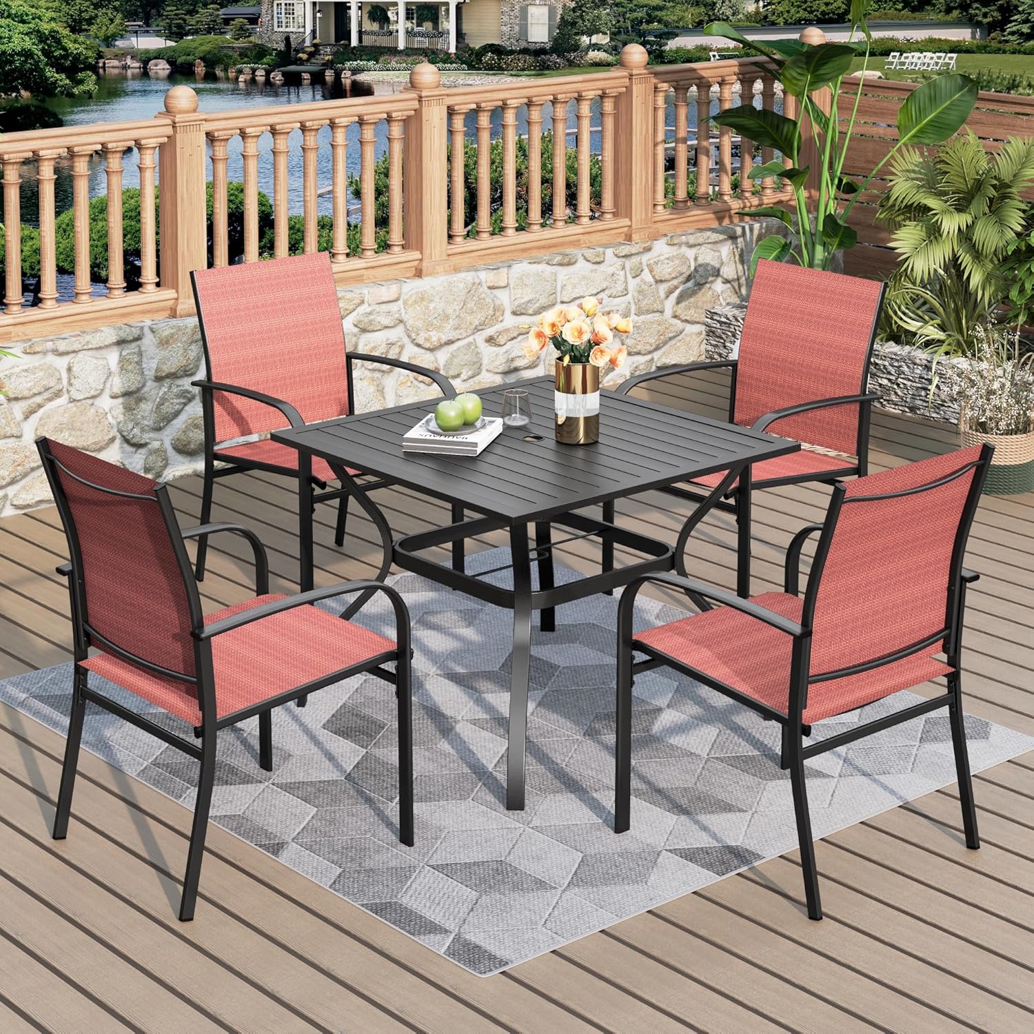 5-Piece Patio Dining Set with Red Textilene Chairs