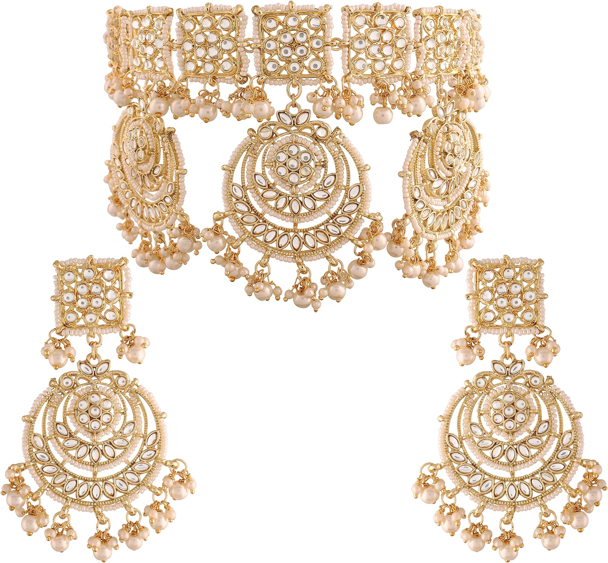 I Jewels18k Gold Plated Traditional Pearl Kundan Studded Bridal Choker Necklace Jewellery Set for Women (K7202W)