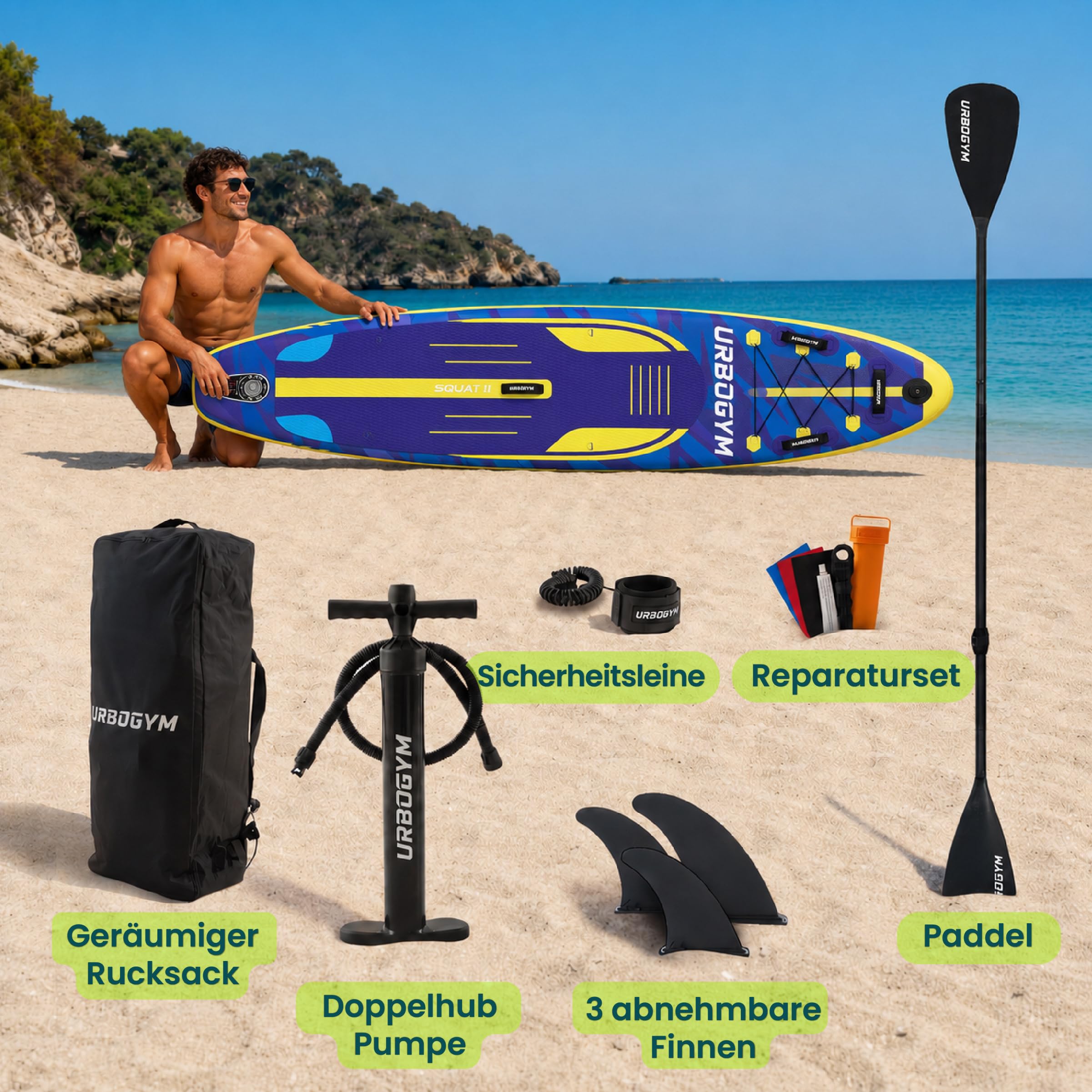 Squall 320 SUP Board 320×81×15cm bis 150kg – stabiles aufblasbares Stand Up Paddle Board Komplett-Set mit 2in1-Paddel, Doppelhubpumpe, Rucksack, Leash, 3 Finnen, Kick-Pad und Kamerahalterung