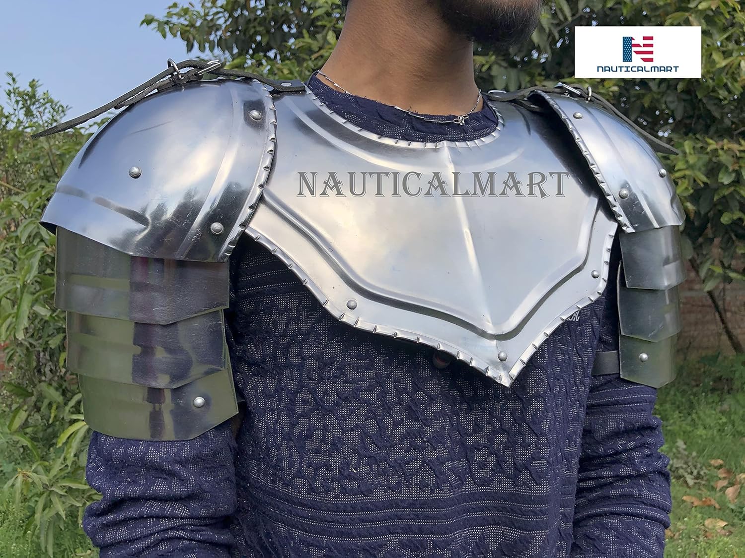 NauticalMart Medieval Gothic Gorget with Pauldrons – Handmade Steel Neck Protector & Shoulder Armor Set for LARP, SCA & Cosplay Knights Shoulder Guard Spaulders Armor