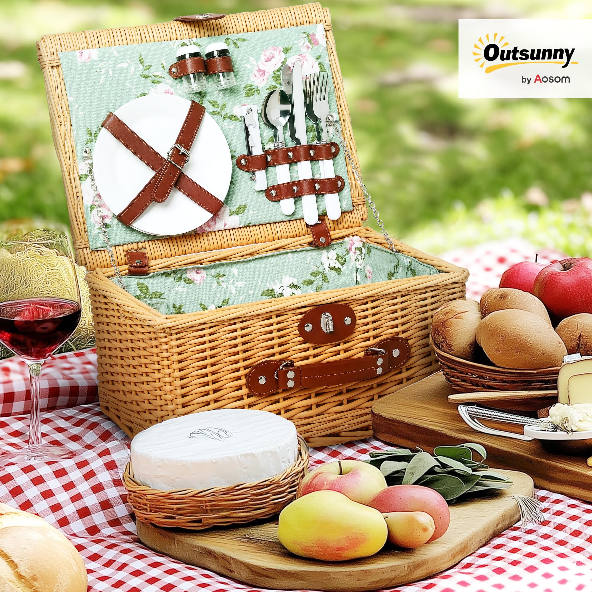 Outsunny Cestino da Picnic in Vimini per 2 Persone, Cesto Picnic con Manico, Piatti, Calici, Cavatappi, Tovaglioli e Posate, 40x30x20 cm, Marrone Chiaro