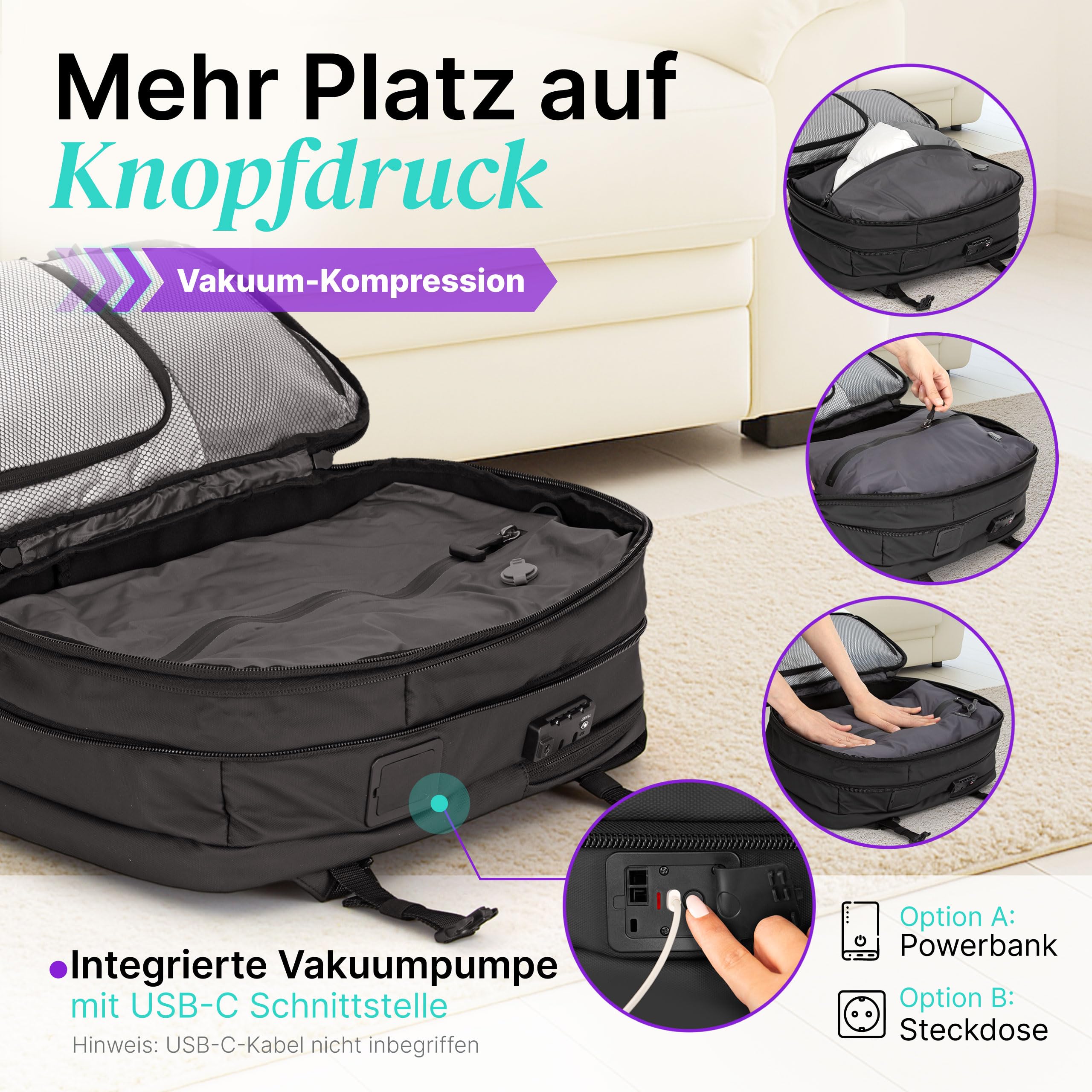 Vakuum Rucksack 25–60 L mit integrierter USB-C Pumpe – Kompressions-Reiserucksack Handgepäck, erweiterbar & wasserdicht mit Nassfach, Laptopfach 17 Zoll, TSA Schloss, Business und Reisen schwarz