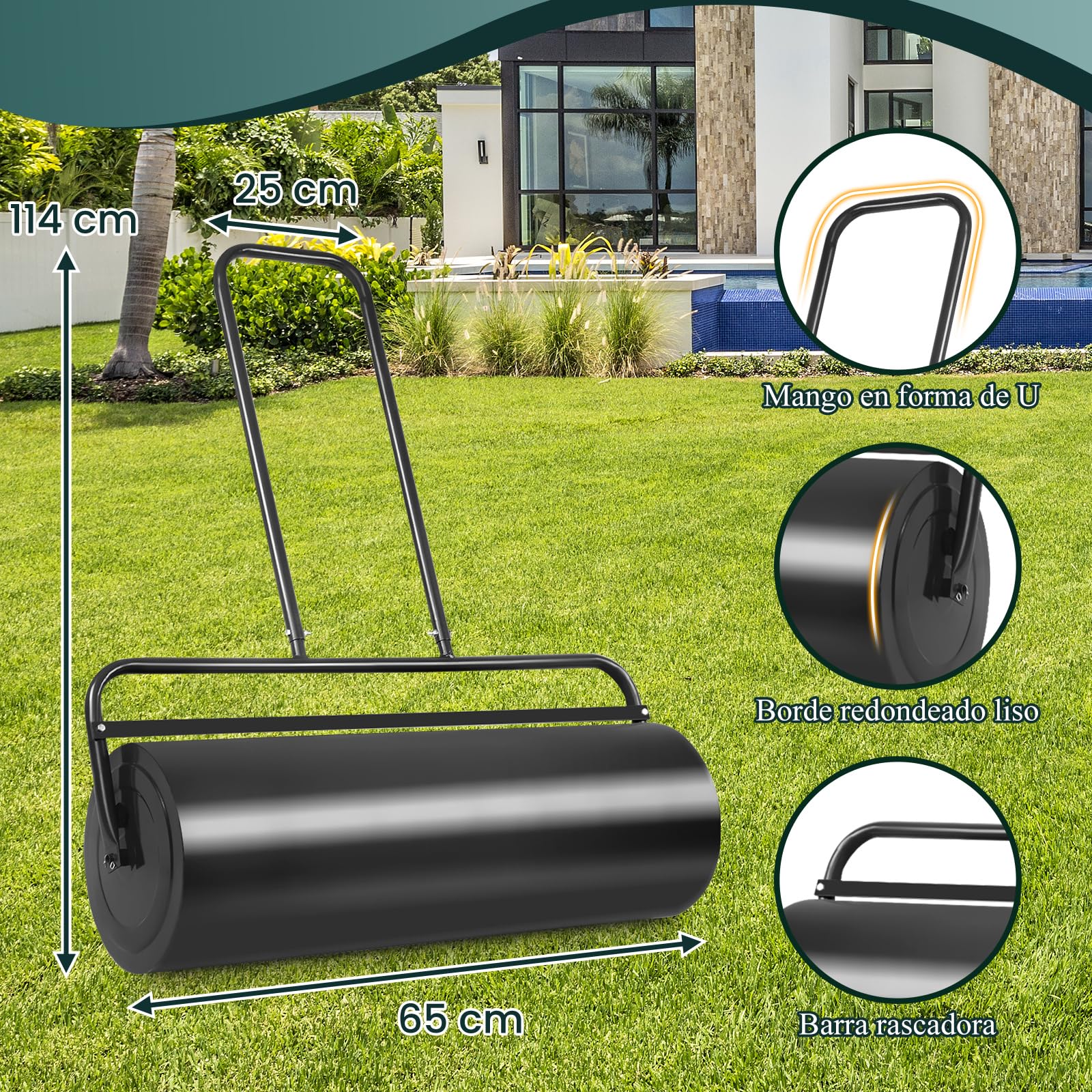 GOPLUS Rodillo de Césped para Jardín de Acero 48 L/63 L, Rodillo Manual Rellenable con Agua o Arena, Apisonadora de Césped (48 L, Negro)