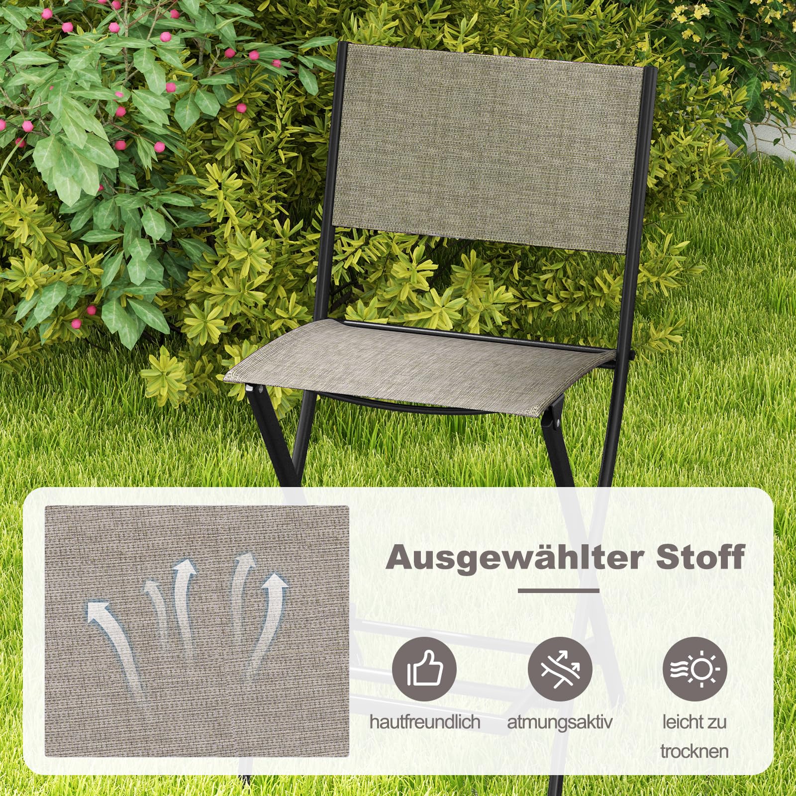 GOPLUS Juego de 2 Sillas de Jardín Plegables, Sillas de Comedor con Respaldo y Reposapiés, Sillas Altas para Césped, Terraza, Patio, 46 x 57 x 102 cm, Carga 150KG (Marrón)