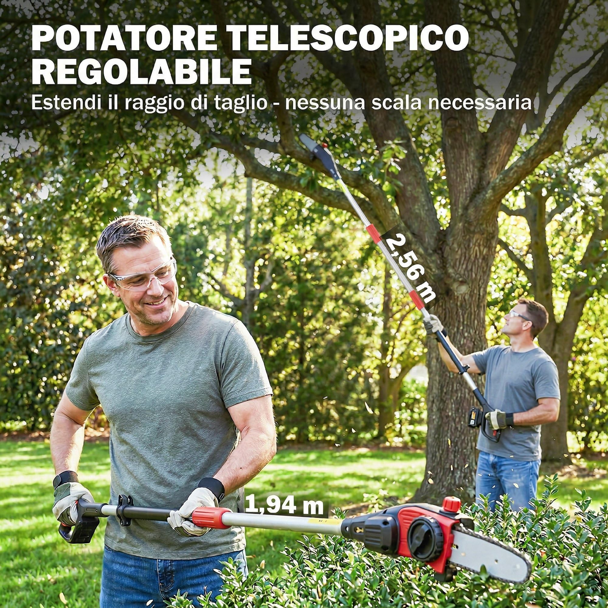 Outsunny Motosega Telescopica a Batteria, Motosega Senza Fili 1.94m/2.56m con Lubrificazione Automatica, Velocità Catena 6m/s, Per Potatura Alberi e Rami, Solo Utensile Senza Batteria