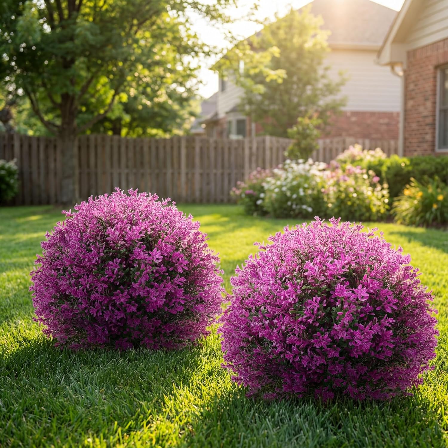 Yunlly 2 Pack Artificial Topiary Ball Trees, 20'' Faux Bushes for Front Porch Decor, UV Resistant Fake Evergreen Shrubs Plants with Ground Spike, Fake Plants for Outdoor Indoor Garden (Fuchsia)