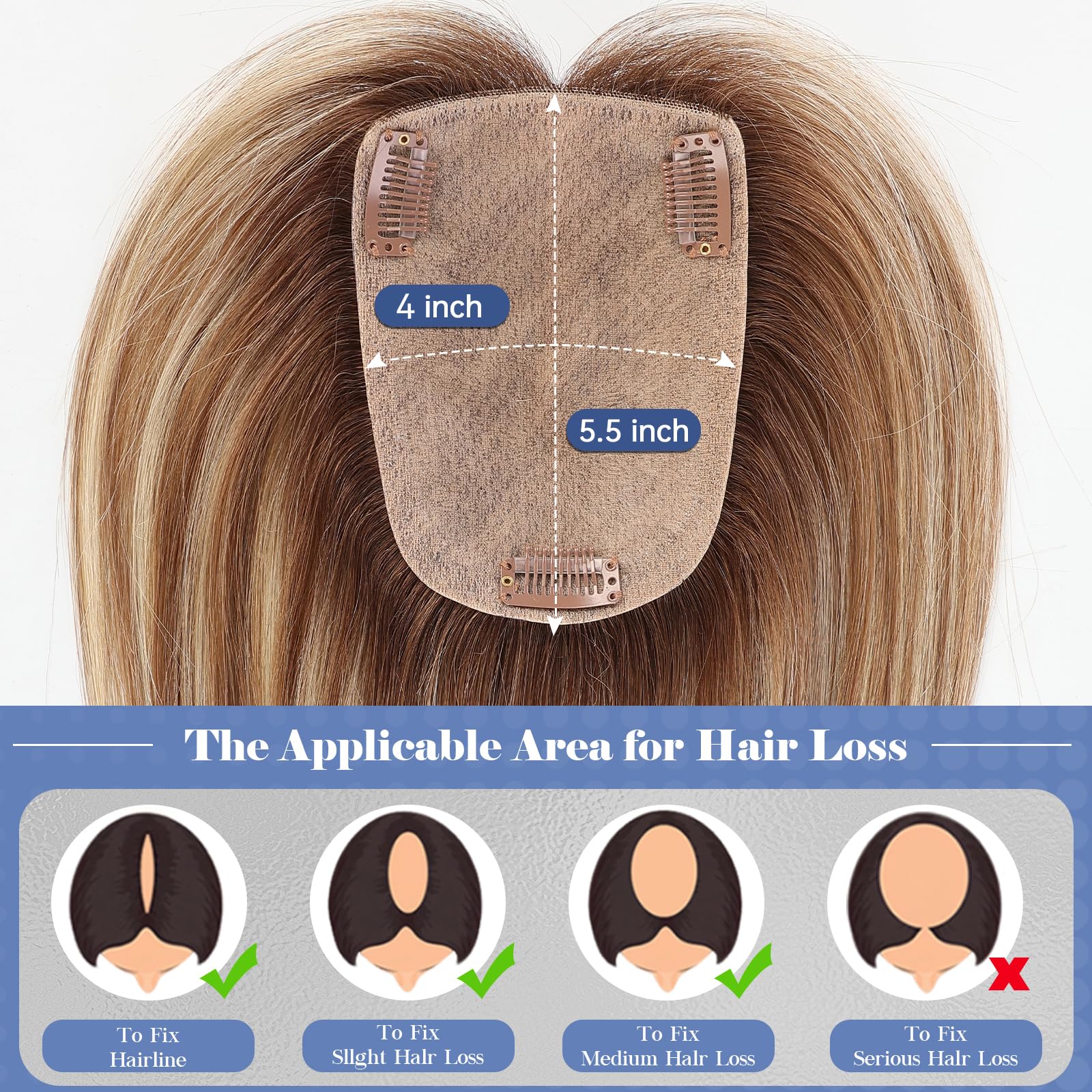HAIRCUBE Topper per capelli umani da donna, veri capelli umani, senza frangia, 10,2 x 14 cm, base 30,5 cm, marrone con evidenziazione bionda per donne con radici diradate o grigie