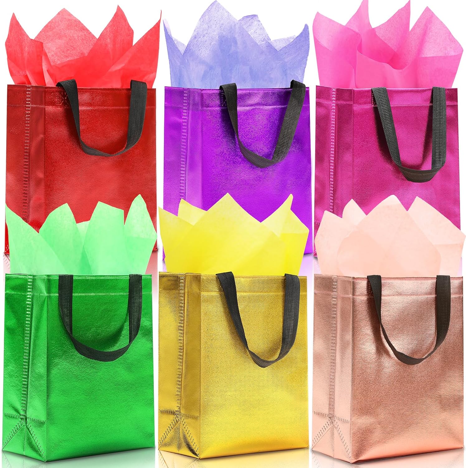 KeerxunBag 12pcs Reusable Gift Bags（Includes Tissue Paper） Gift bag with handle Birthdays Parties Holidays Weddings Medium 10x4x8in multicolor Gift Bags