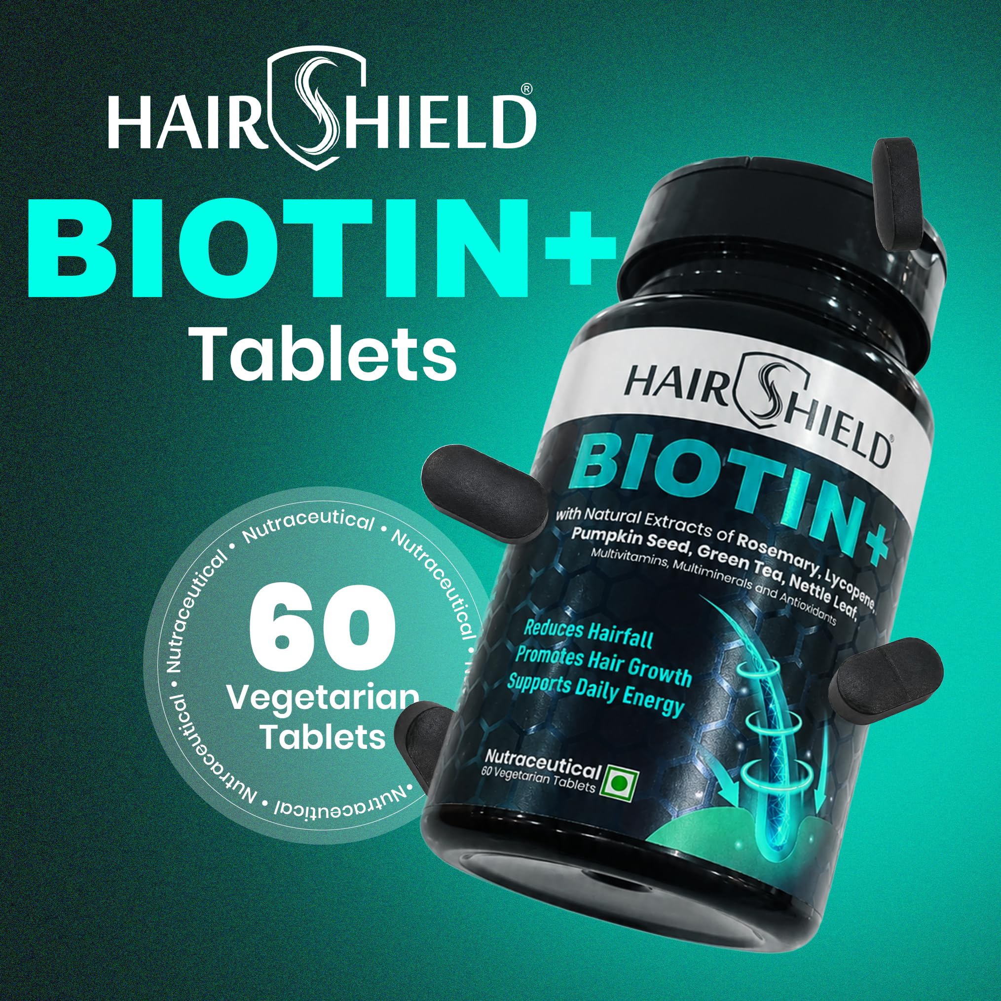 Hairshield Biotin+ Tablets with Rosemary, Green Tea, Lycopene, Pumpkin Seed | 100% RDA Biotin | Reduces Hairfall & Supports Healthy Skin, Hair & Nails | Vegetarian 60 Tablets — Amazon image 2