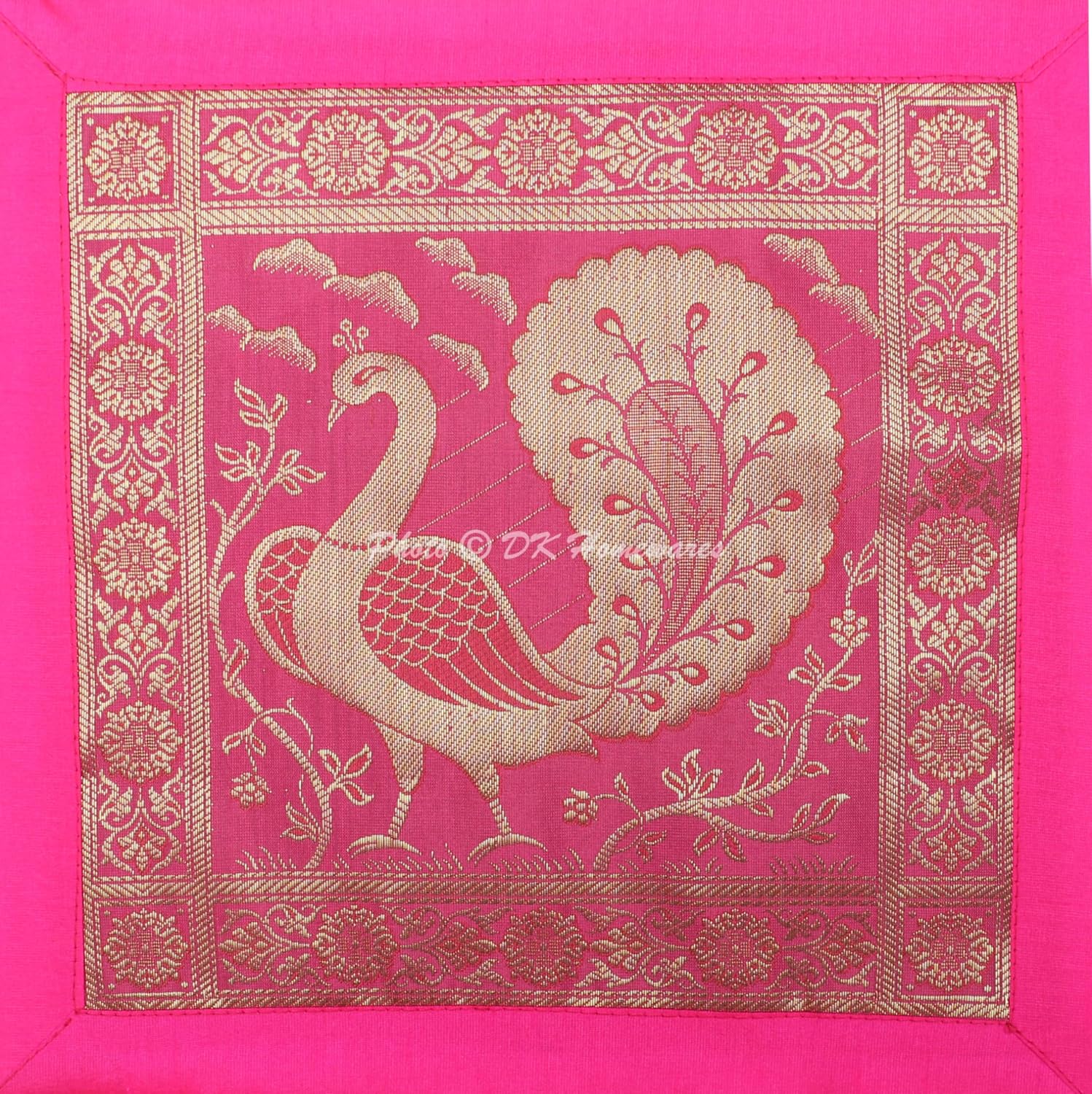 Indian Throw Pillow Covers 12 x 12 Inch Brocade Jacquard Weave Ethnic Square Peacock Cushion Covers (Size - 30x30 cm ; Color: Magenta Pink & Gold) - Set of 5 Pcs (Cover Only)