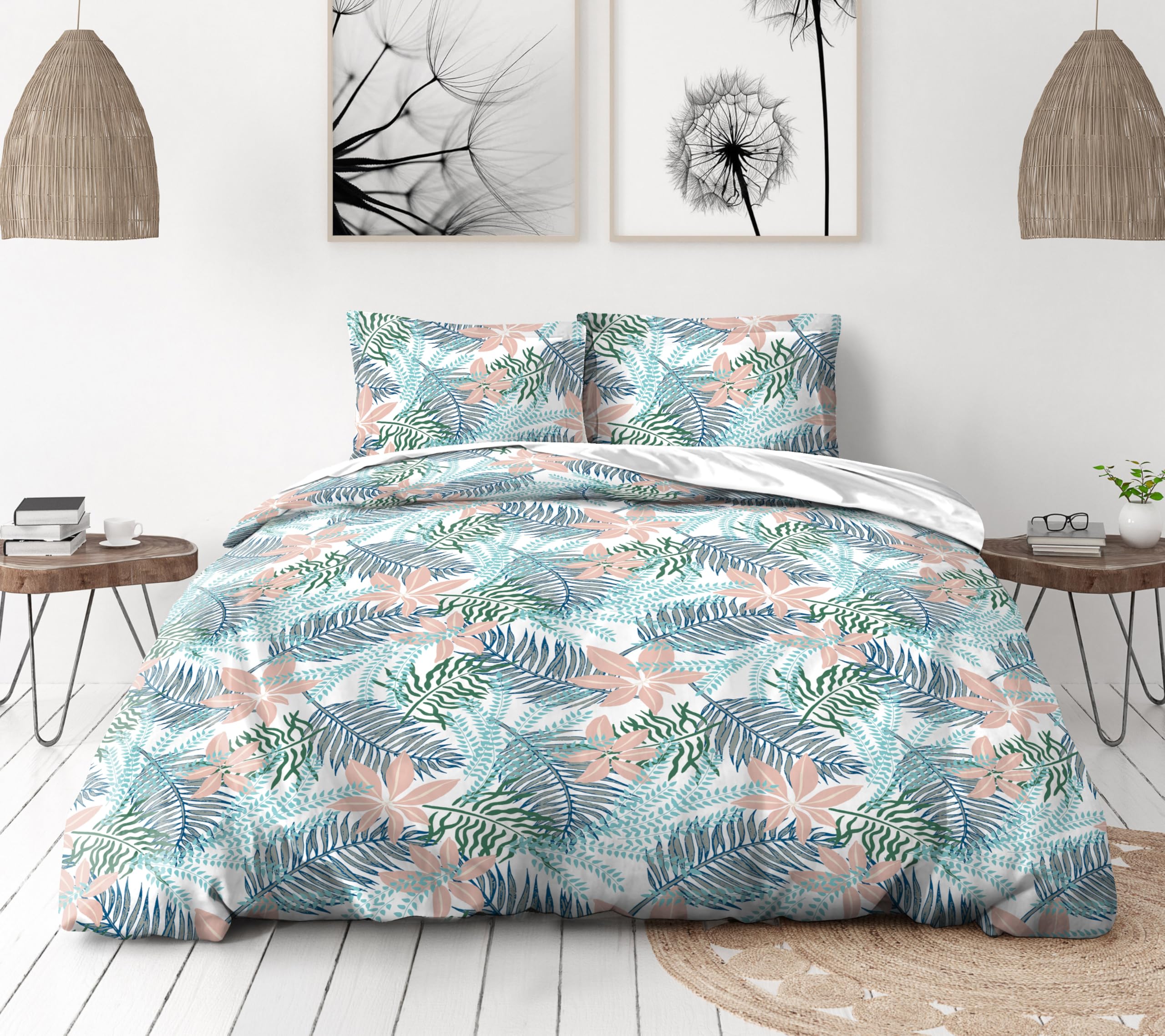 Home Linge Passion | Copripiumino - 3 Pezzi | 100% Cotone - 57 Fili | 2 Persone - 220x240 cm | AMAZONIE - Bianco E Corallo