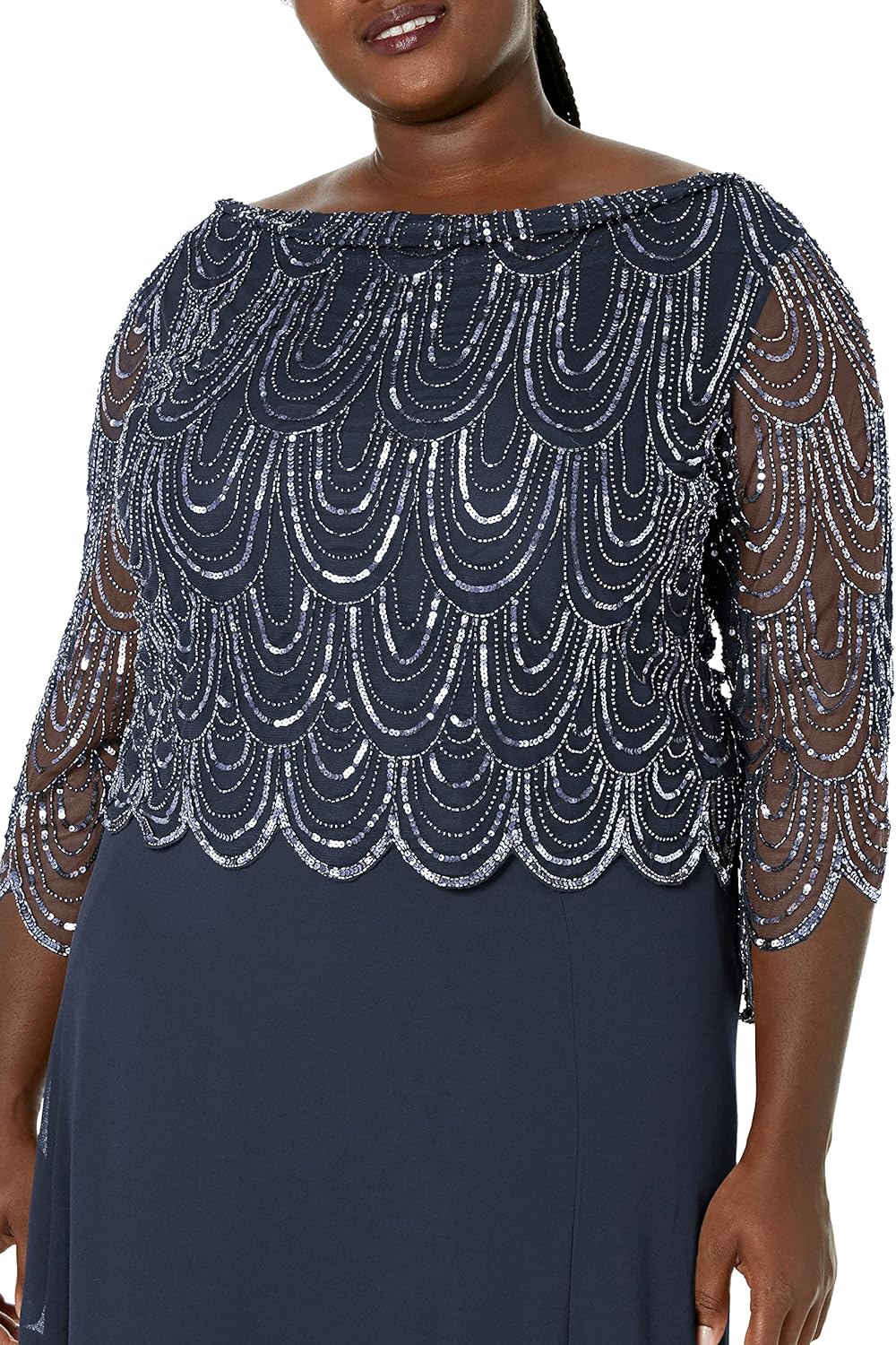 J Kara Women's Size 3/4 Scallop Beaded Pop Over Gown Plus