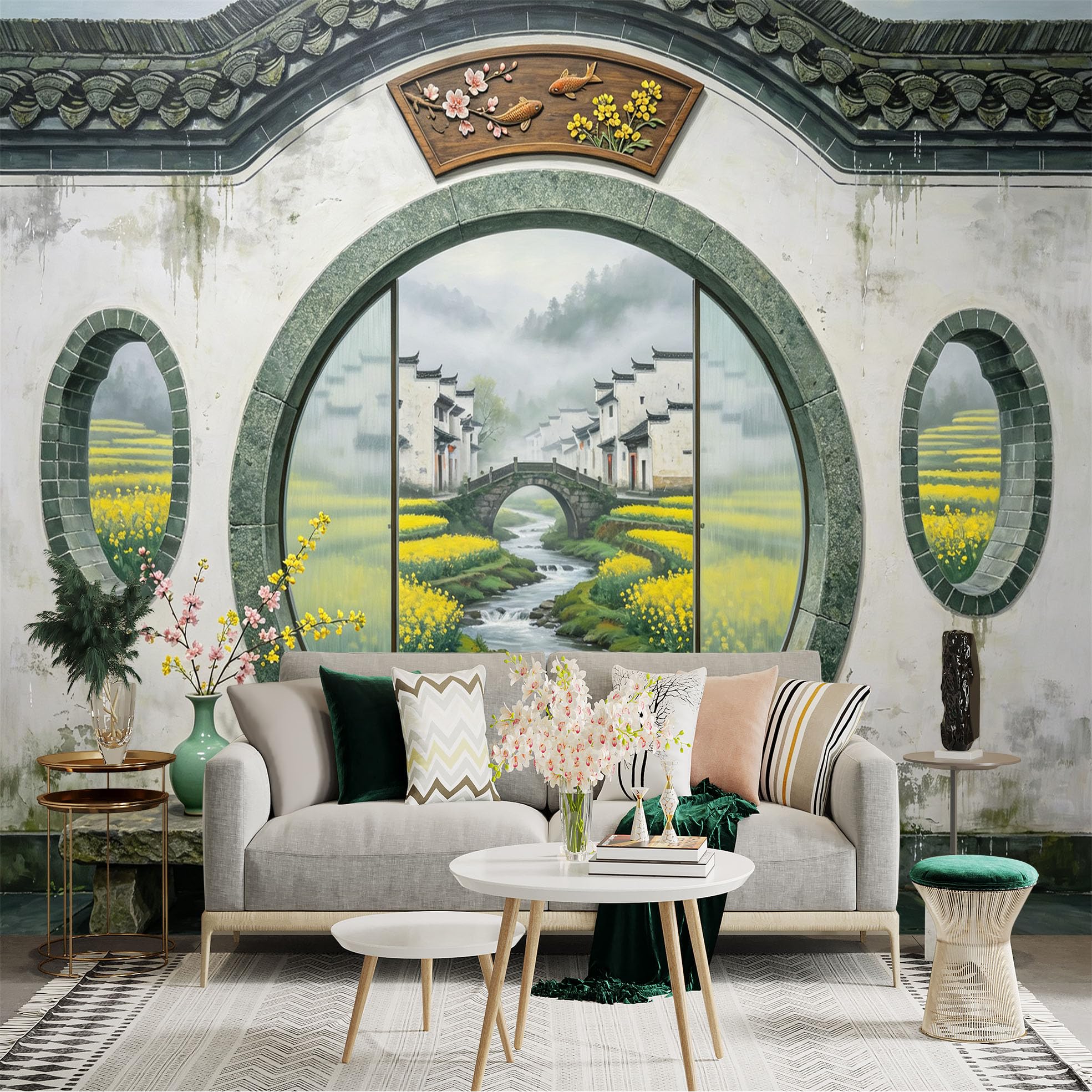 Custom Size Wall Sticker Mural， Oriental Garden Window Village Stream and Yellow Flowers， for wall Decoration， peelandstick wall Decals.