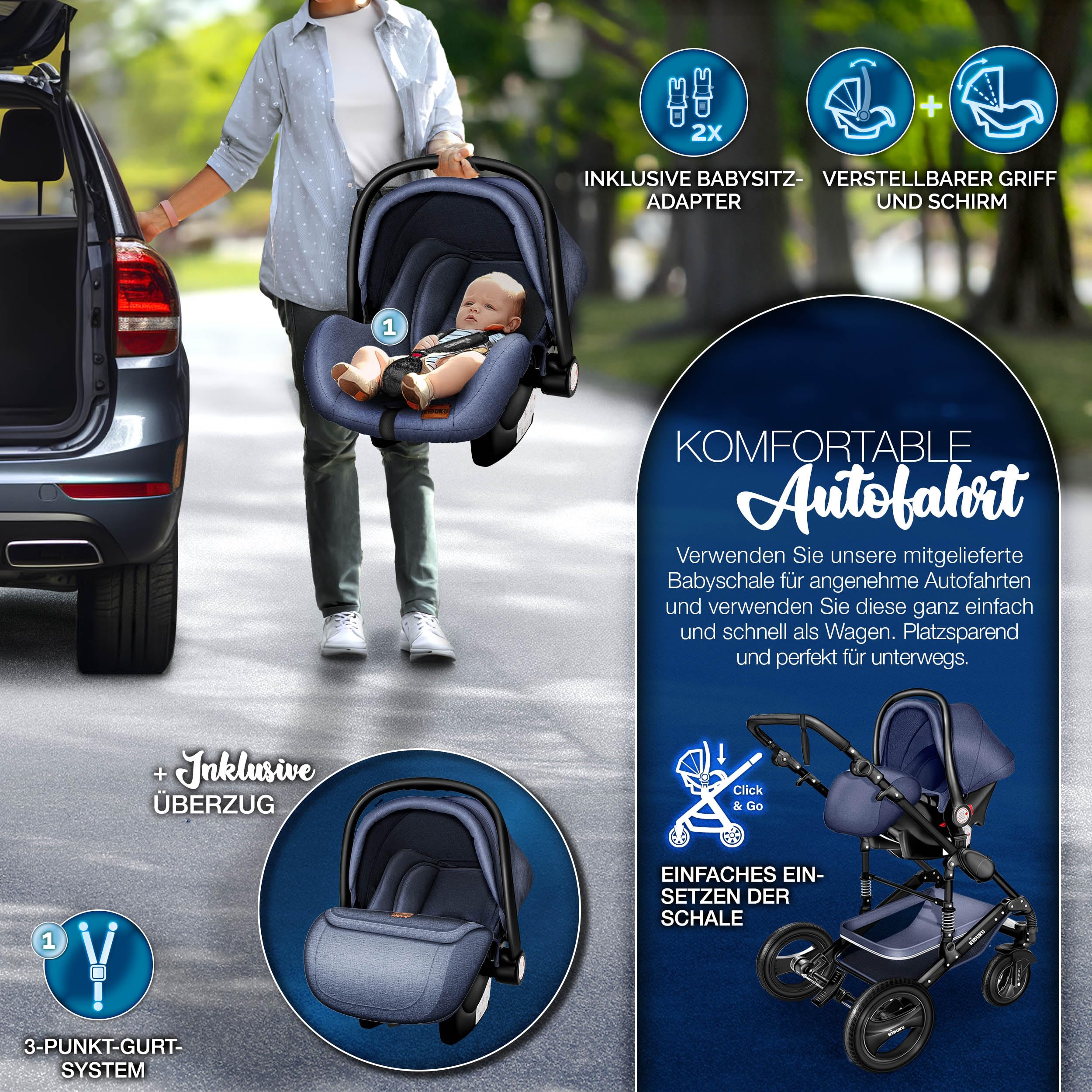 KIDUKU 3 in 1 Kinderwagen XXL Komplettset Kombikinderwagen mit Babywanne Buggy Sportsitz Auto-Babyschale Fußsack Vollgummireifen Wickeltasche Regenschutz ECE R129