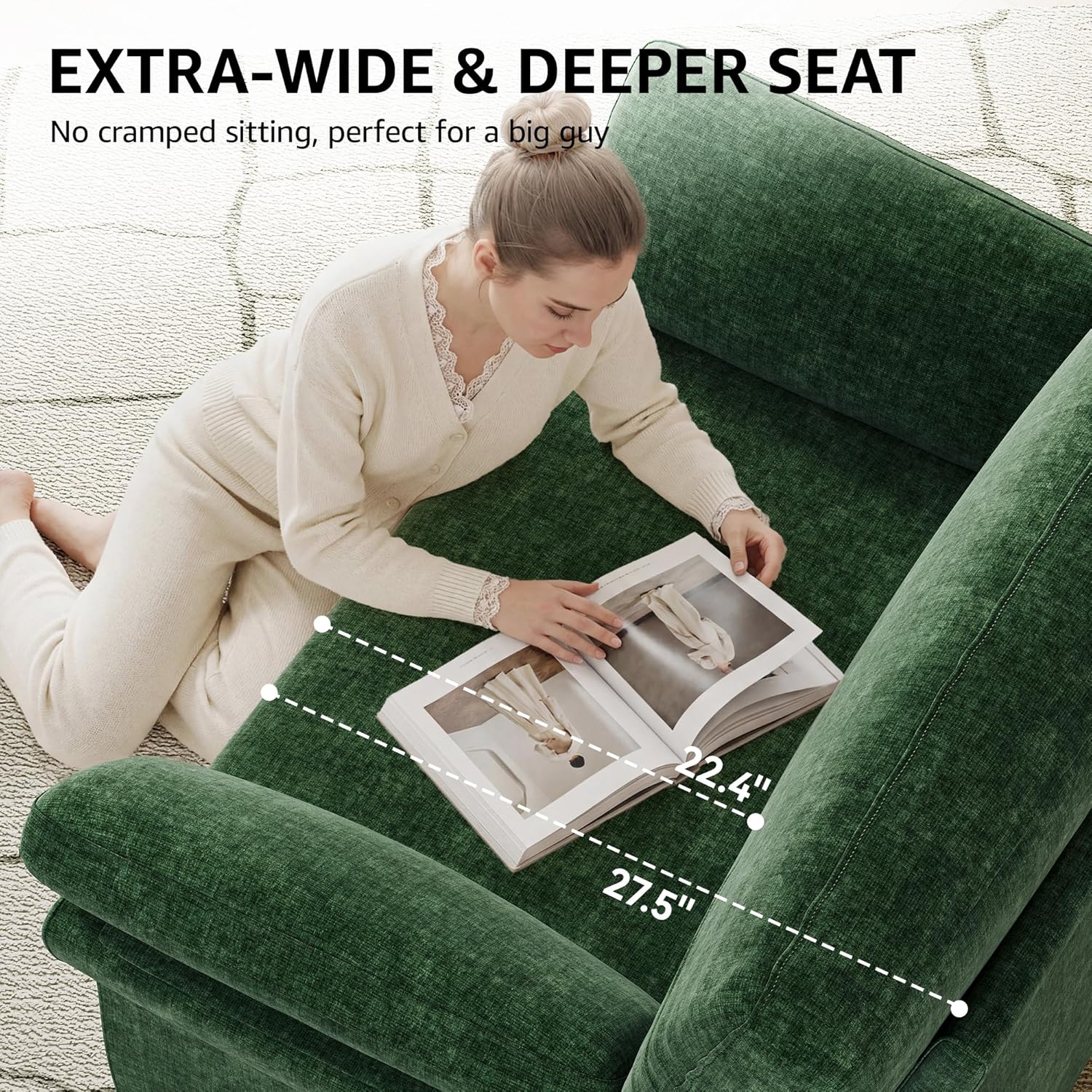 44.5" Oversized Accent Chair, Comfy Chenille Fabric Living Room Chairs, Upholstered Modern Armchair, Extra Large Single Sofa Reading Chair for Bedroom, Apartment, Tool-free Assembly, Dark Green