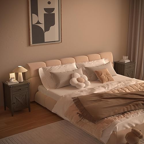 Miniatura 31 de Betterhood Barnwood - Mesita de noche rústica con estación de carga, mesa auxiliar con puerta de granero y cajones, mesa auxiliar estilo roble Roble