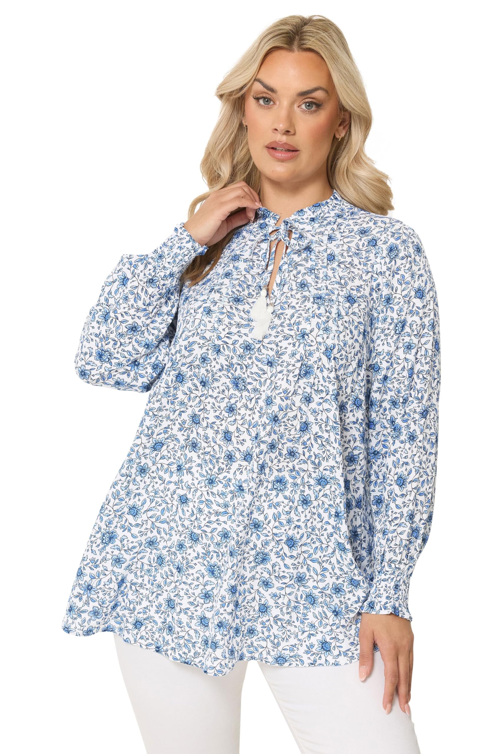 Yours Women's Light Blue Floral Tie Neck Blouse In | : 22/24