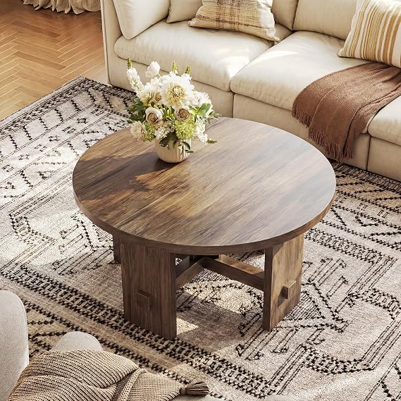Tribesigns Round Coffee Table, 80 cm Small Circle Center Table with Pedestal, Modern Farmhouse Wooden Accent Sofa Side Table for Living room, Bedroom, Office, Easy Assembly, Brown