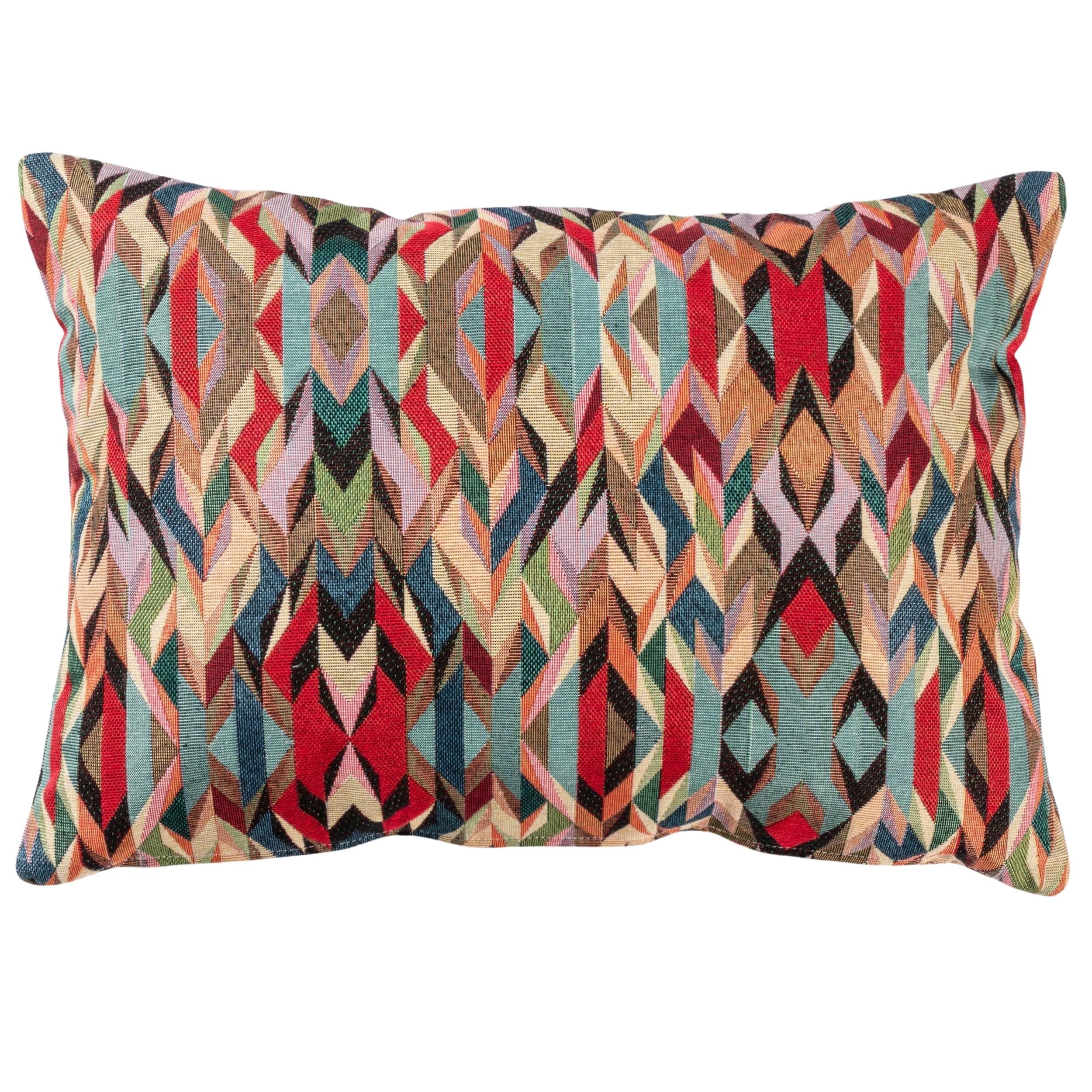 Linen Loft Nomad Tapestry Boudoir Cushion. Geometric Angular Design in Red, Green, Lilac Purple, Teal Blue and Charcoal Grey. 17x12 Cushion Cover