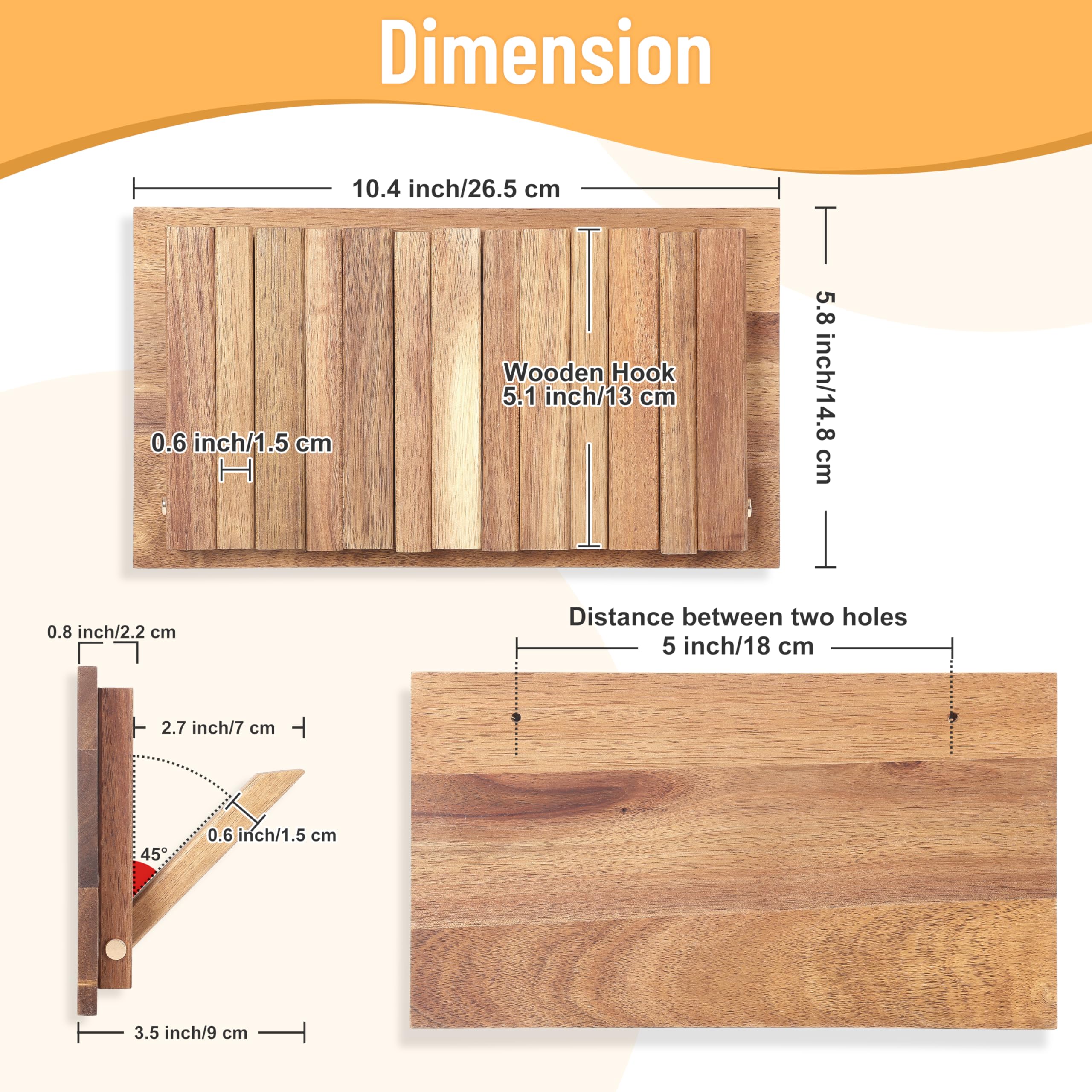 Perchero de pared para casa de campo: madera rústica con 6 ganchos, montaje retráctil de 26,4 cm, montado en la pared para espacios pequeños, entrada, pasillo, baño, para colgar chaqueta,