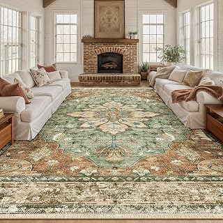 RELEANY 10x12 Washable Non-Slip Area Rug, Vintage Floral Medallion in Brick Red Rust Brown Green - Living Room Bedroom
