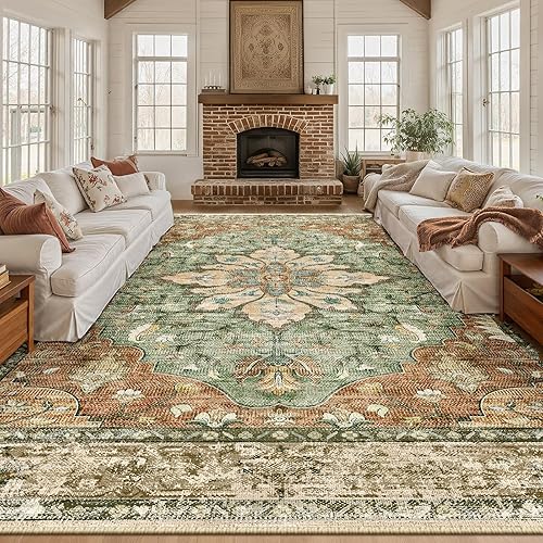 Area Rugs 10'x14' Washable Non-Slip, Floral Vintage Distress Print Pattern Medallion Carpet for Living Room Bedroom Dining Room, Brick Red Rust Neutral Brown Burnt Orange Green