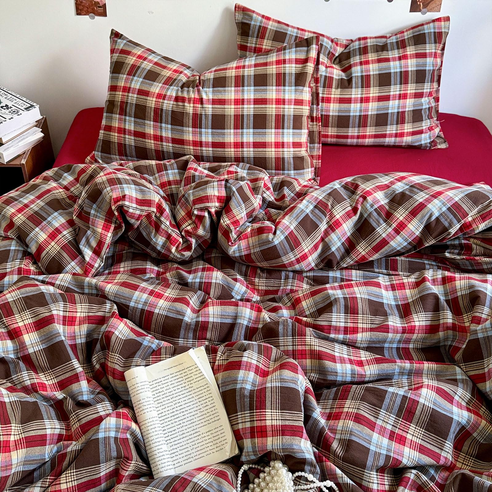 EAVD Vintage Red &amp; Brown Buffalo Plaid Duvet Cover Set Twin 3-Piece Soft