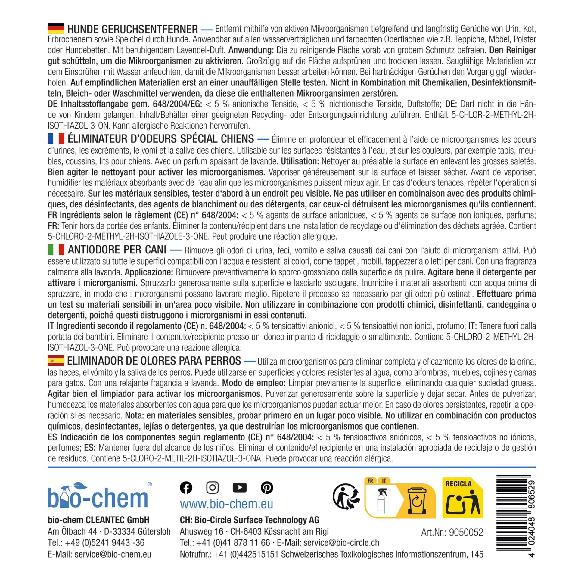 bio-chem Nettoyant anti odeur chiens 3 x 750 ml | Désodorisant destructeur d odeur urine chien- Nettoyage litiere pour chien - produit menager entretien maison