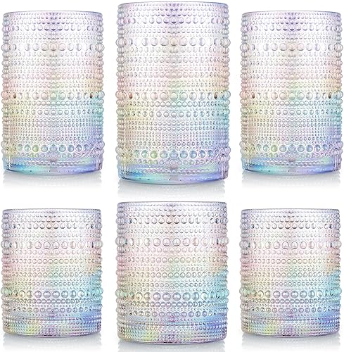 Foaincore Juego de 6 vasos para beber Hobnail de estilo vintage, vasos de cóctel de burbujas, 14 onzas, vaso de vidrio de rocas de 11 onzas, agua