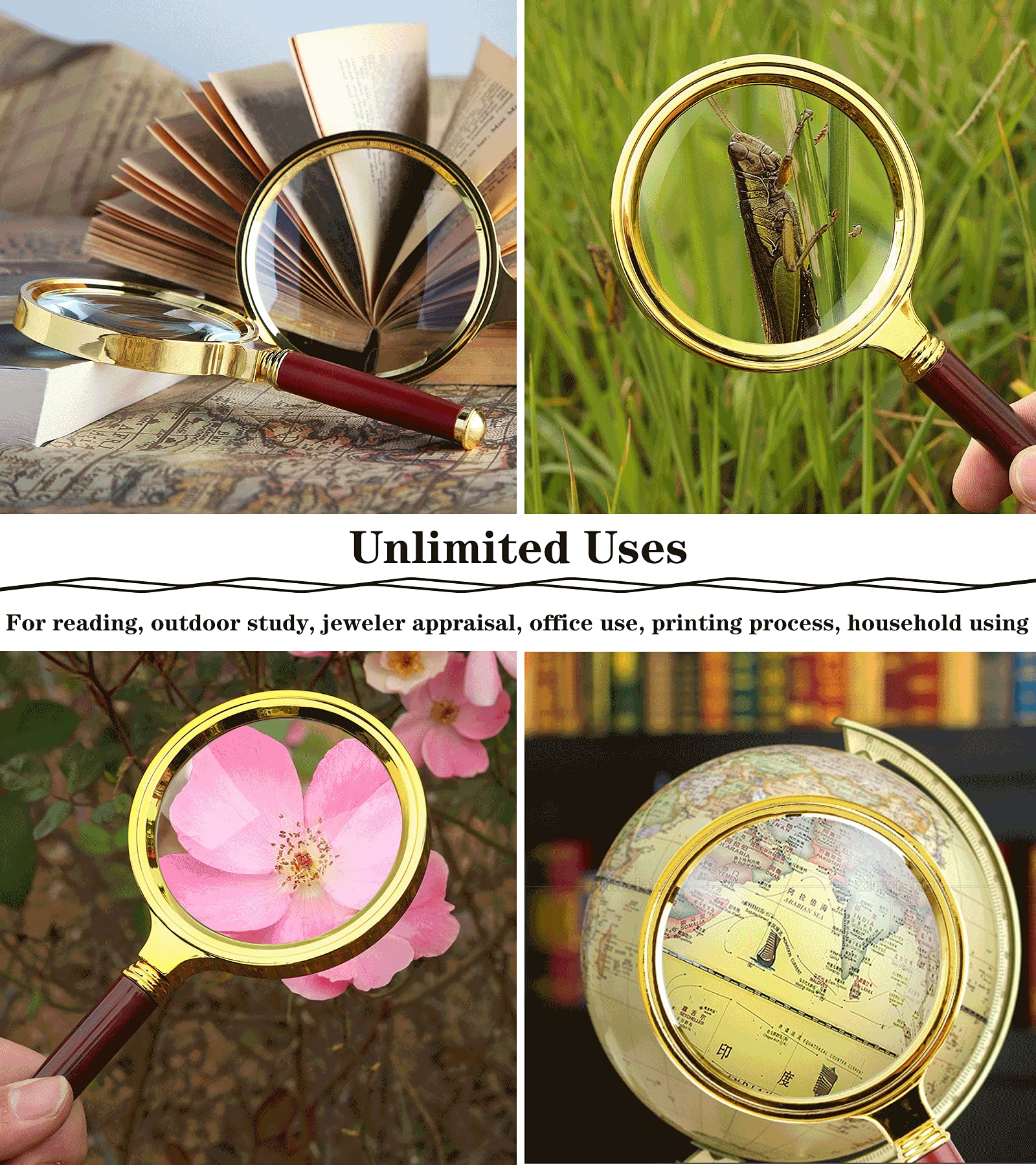 10X Handheld Magnifier With Mahogany Handle and 5X Necklace Magnifying Glass for Reading, Insect Observation, Rocks, Map, Crossword Puzzle, Jewelry - Image 4