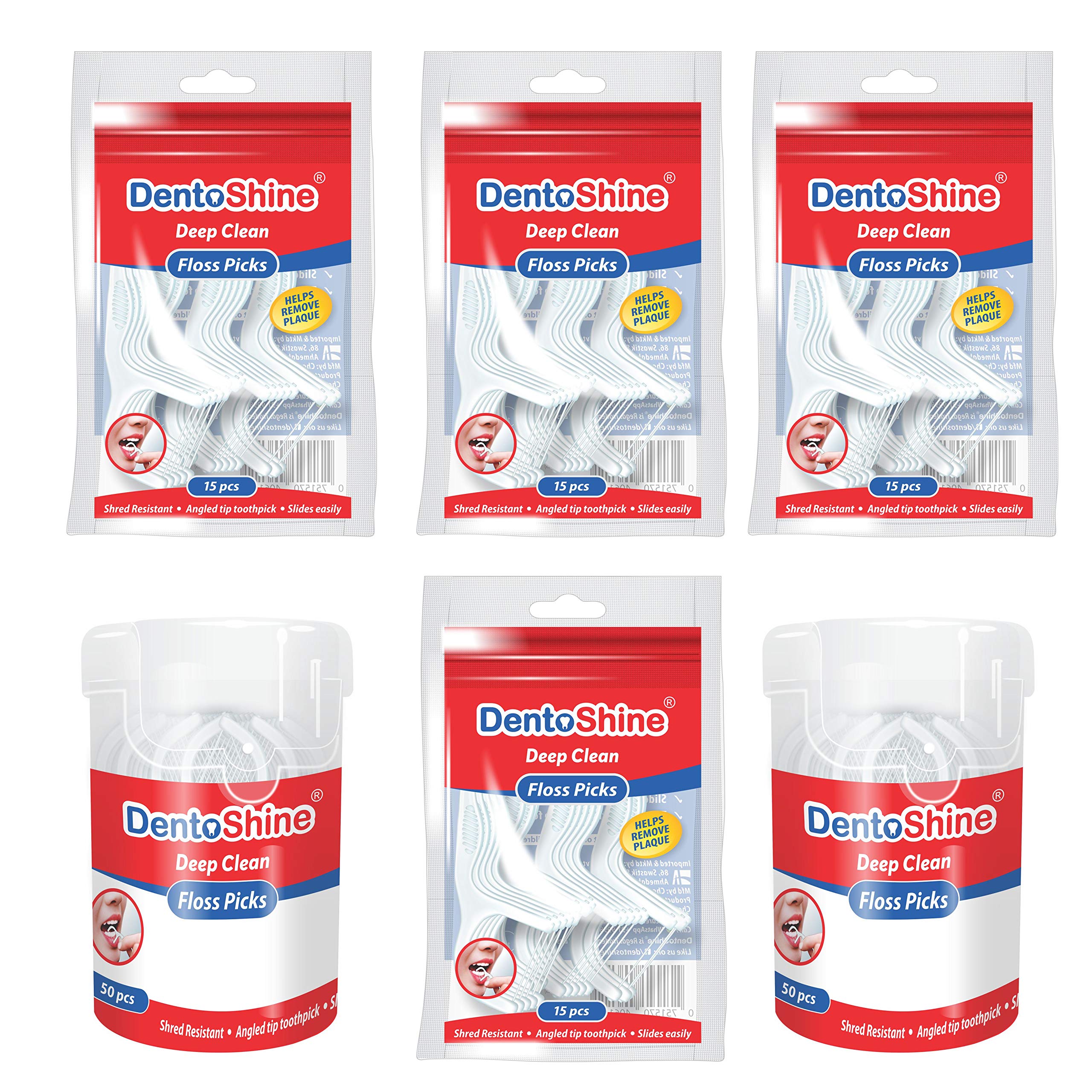 DentoShine Deep Clean Floss Picks - 50 ct CAN x 2, 15 ct Resealable Bag x 4, (Pack of 6)