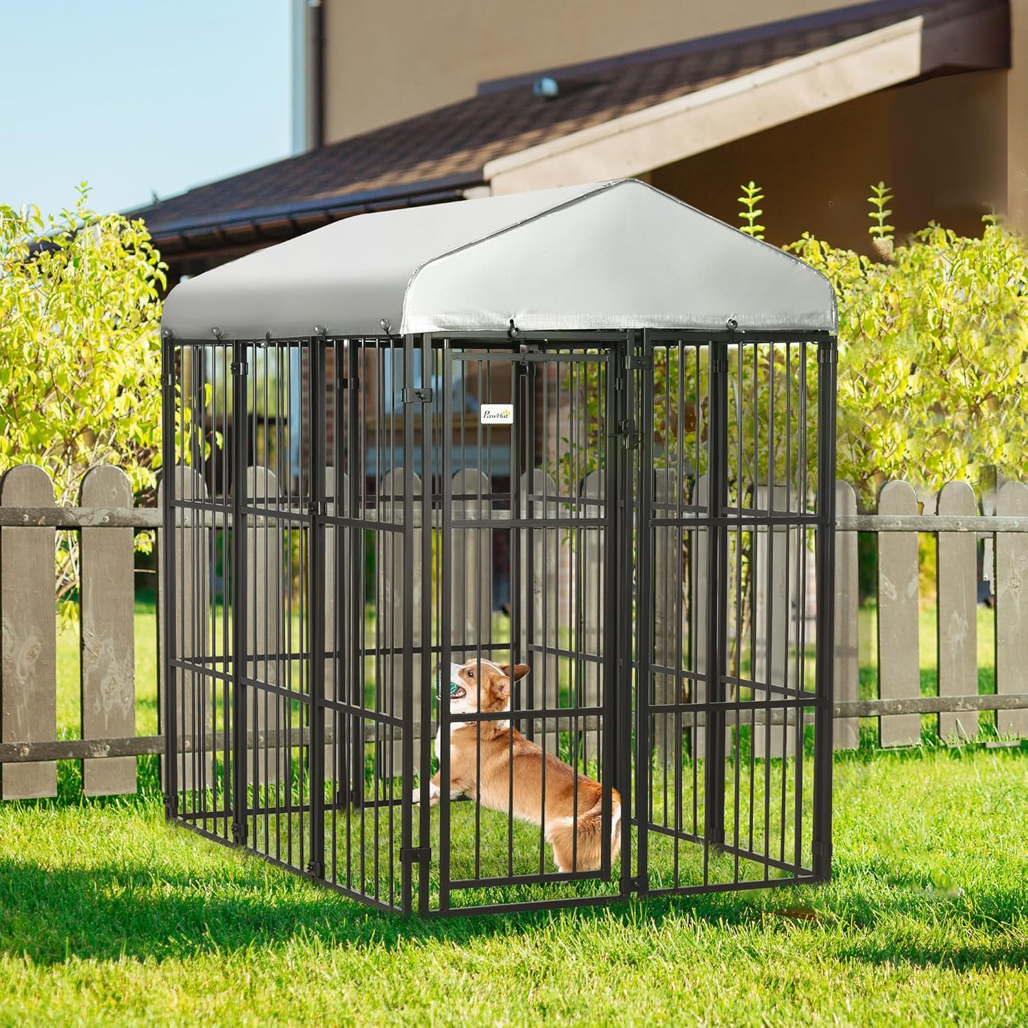 Dog in playpen in a grassy backyard