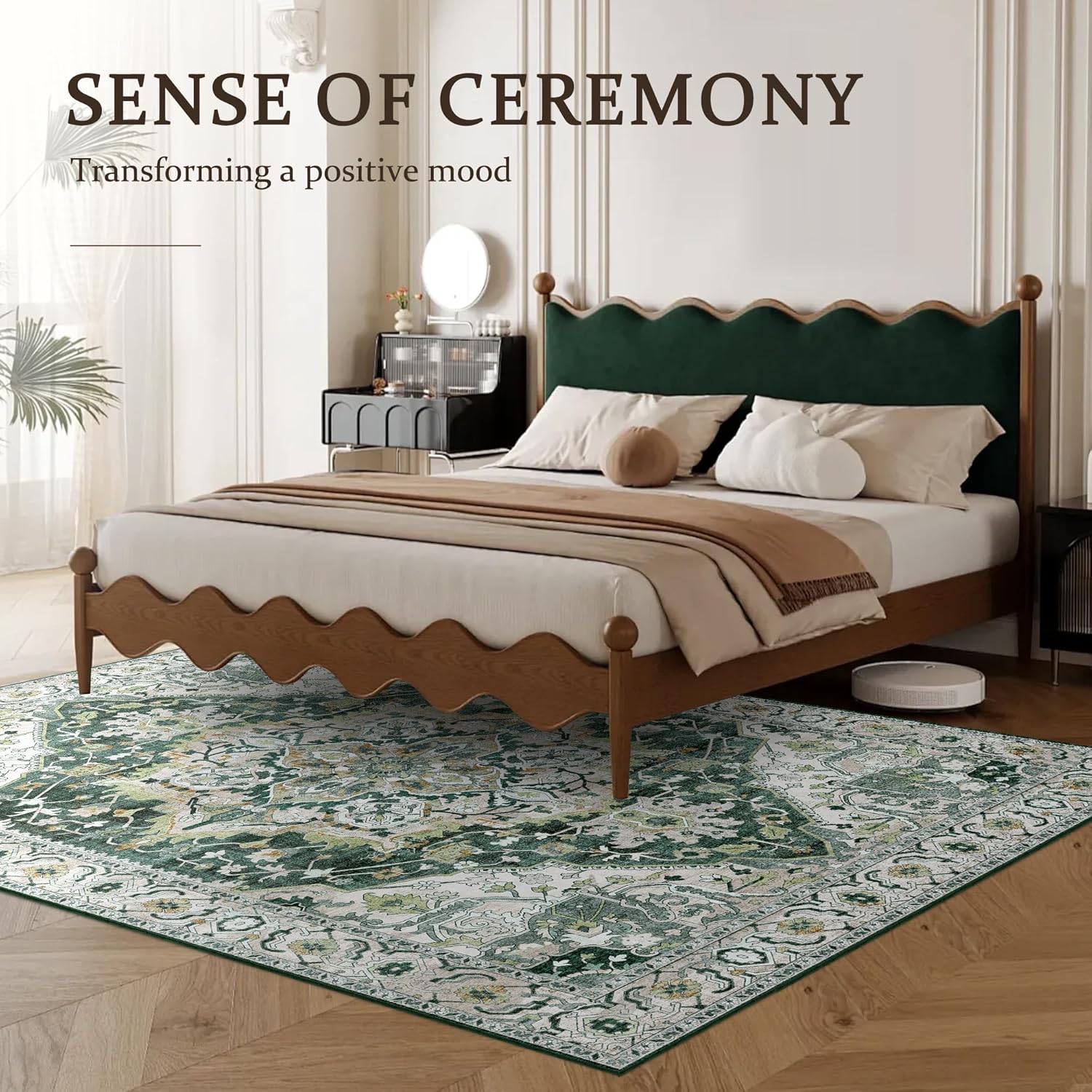Deerly Green Vintage Area Rug 5x7 Boho Washable Large Living Room Bedroom Rugs Non Slip Low Pile 5x7 Rug for Kitchen Entryway Bedroom Dining Room Office, Green/Multi
