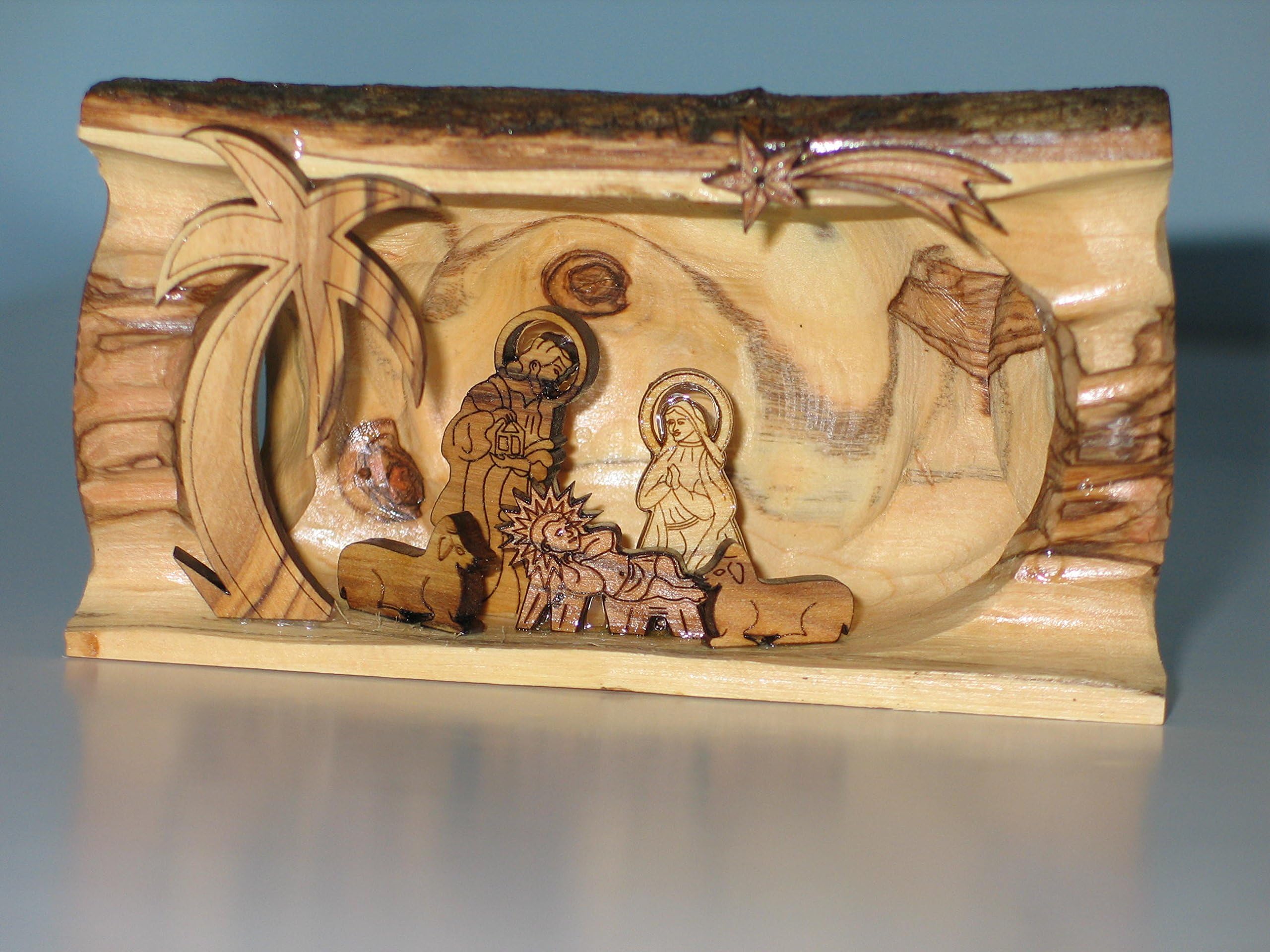 Christmas Grotto Nativity Scene Olive Wood Carved Branch Bethlehem