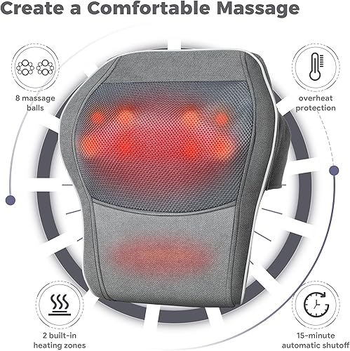 Miniatura 6 de Brelley Shiatsu Masajeador de cuello y espalda con calor, almohada de masaje de tejido profundo, masajeadores eléctricos con cabeza giratoria