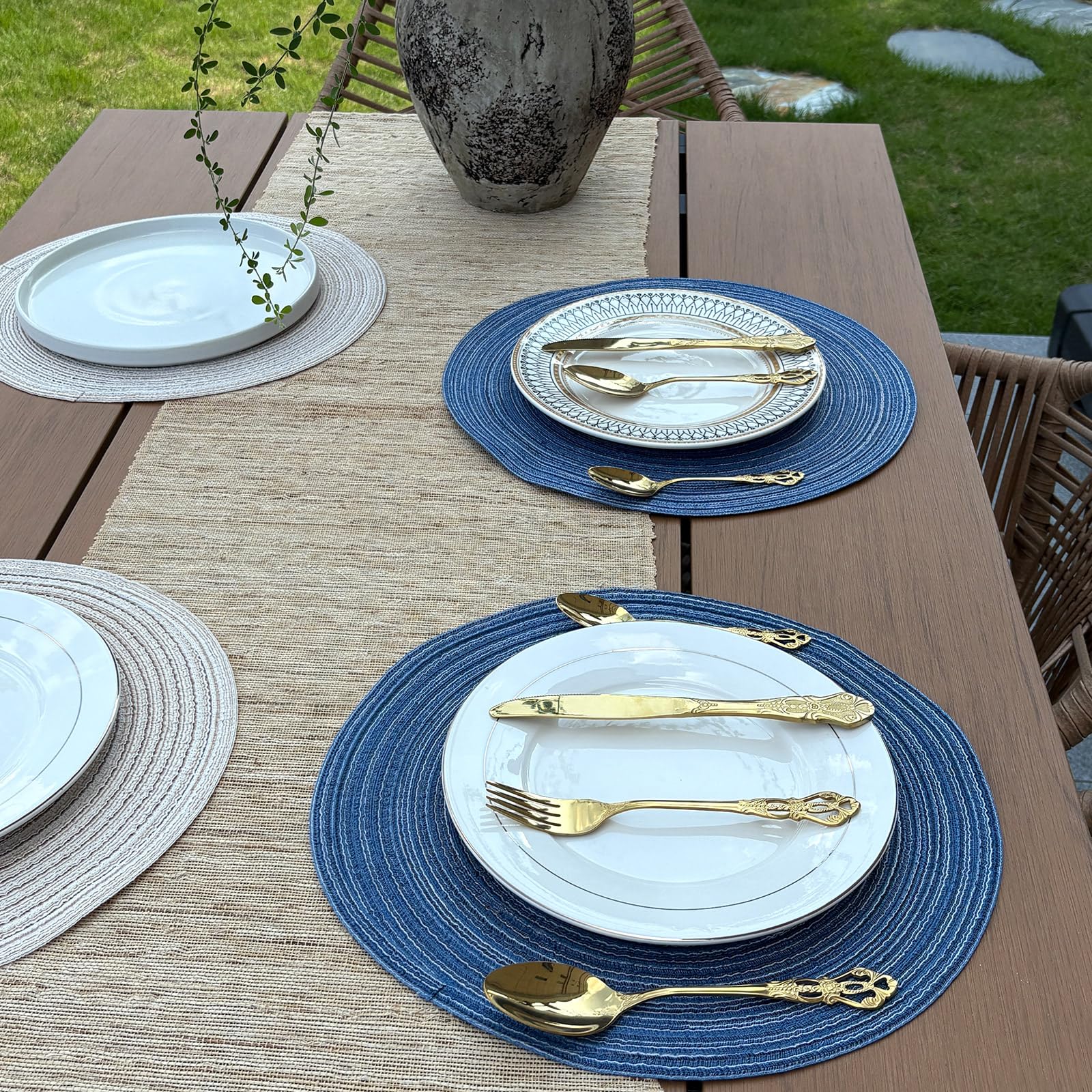 Blue Woven Placemats Set of 8,Washable Wipeable Woven TableMats Set of 8, Rattan Look Placemats,Blue ocen-Like placemats 15 Inch(Blue White)