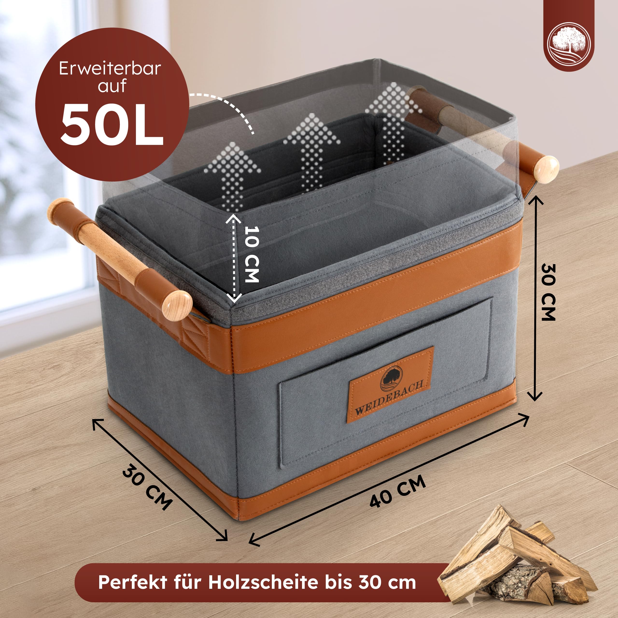 WEIDEBACH® Holzkorb für Kaminholz 35L (erweiterbar auf 50L), Kaminholzkorb grau schwer belastbar, Feuerholzkorb 40cm x 30cm x 30cm, Brennholzkorb mit rutschfestem Griff, Kaminholz Aufbewahrung